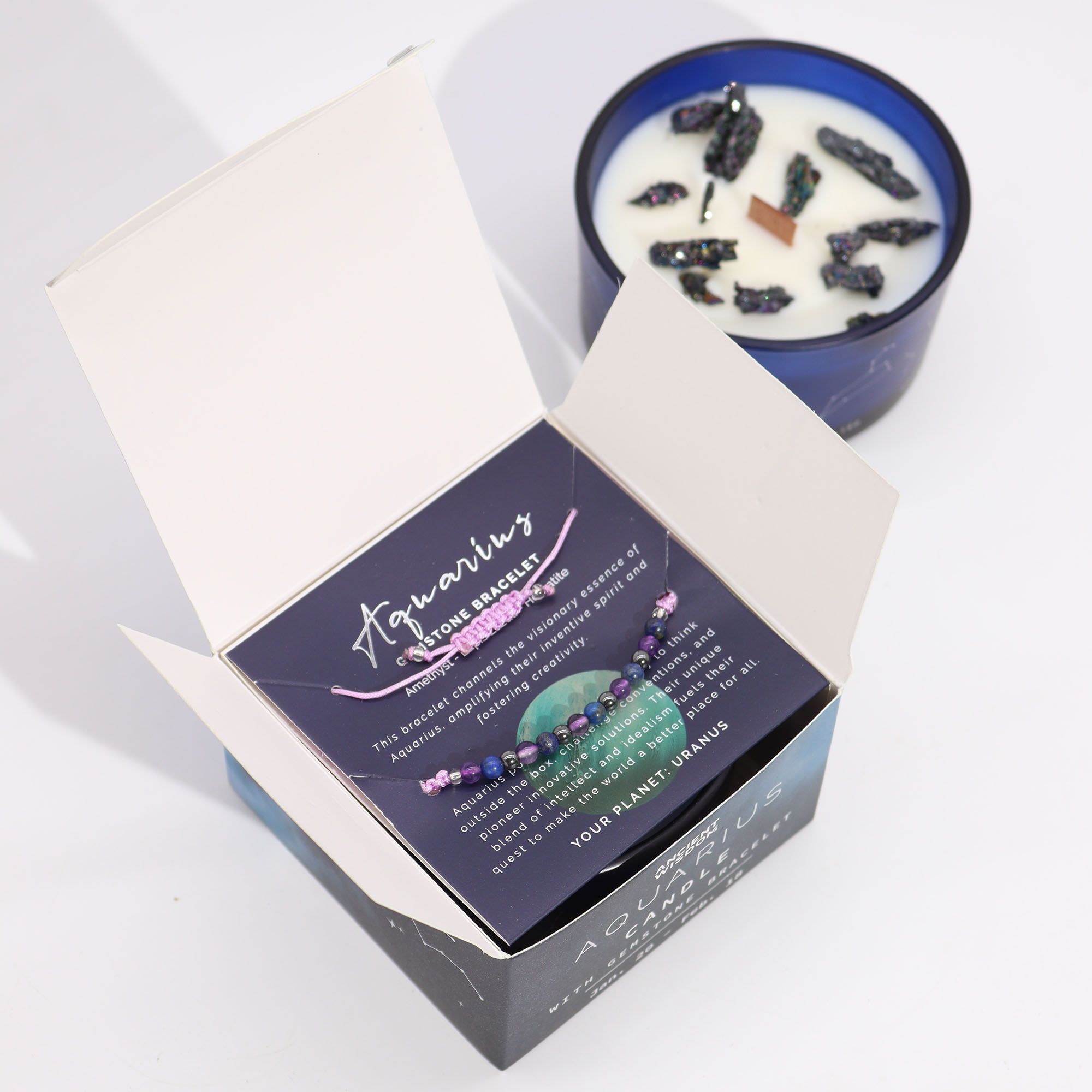 Zodiac Crystal Candle with Gemstone Bracelet - Aquarious - Image 2