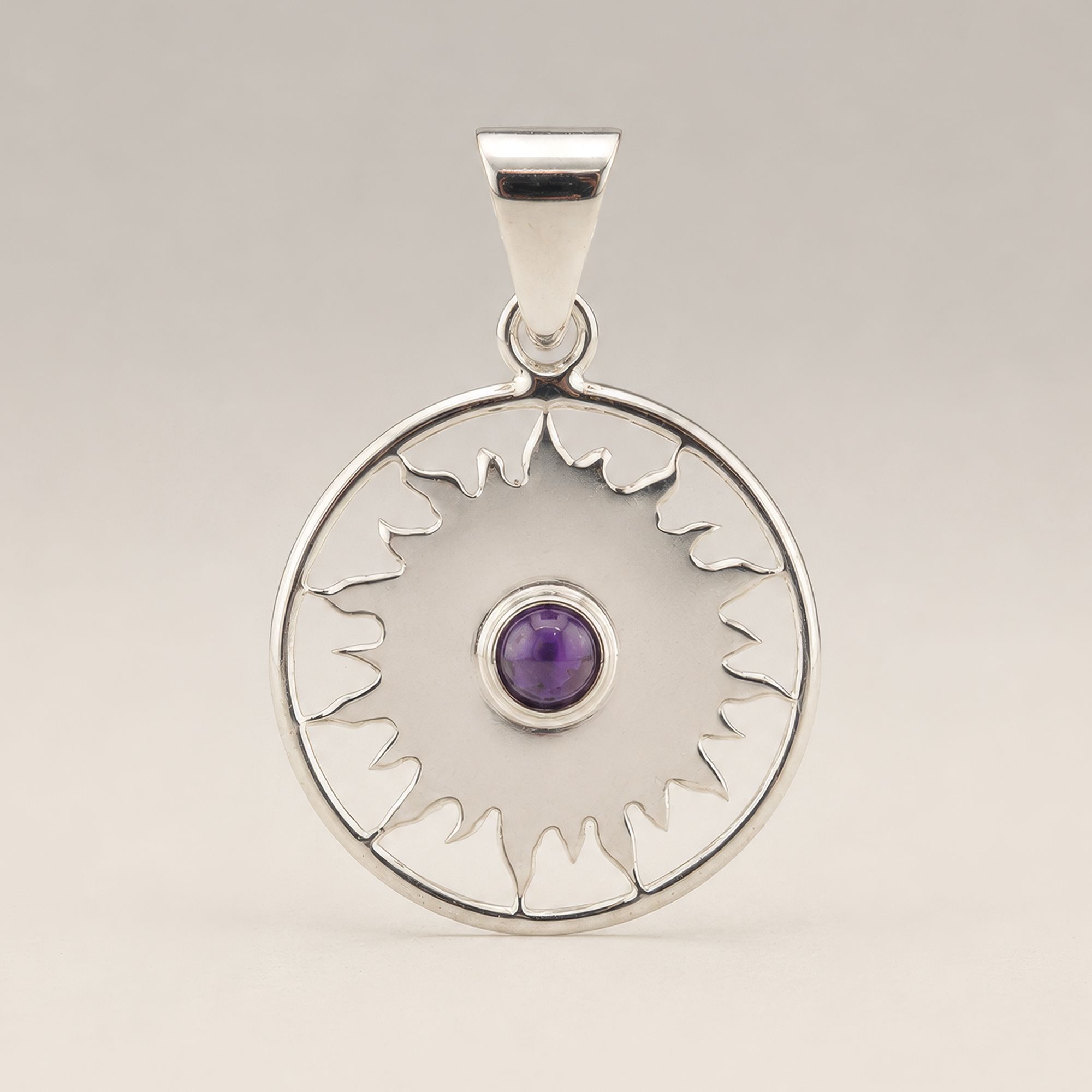 Indian Devotional Pendant - Silver Plated (45cm Cord)- Sun Worship Amethyst - Image 4