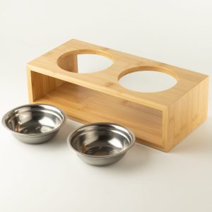 PAW Food Bowls - Large Double Stainless Steel (201) in Wooden Stand - 2x13cm