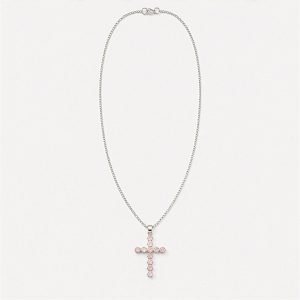 Indian Devotional Pendant - Silver Plated (45cm Chain)- Rose Quartz Crucifix