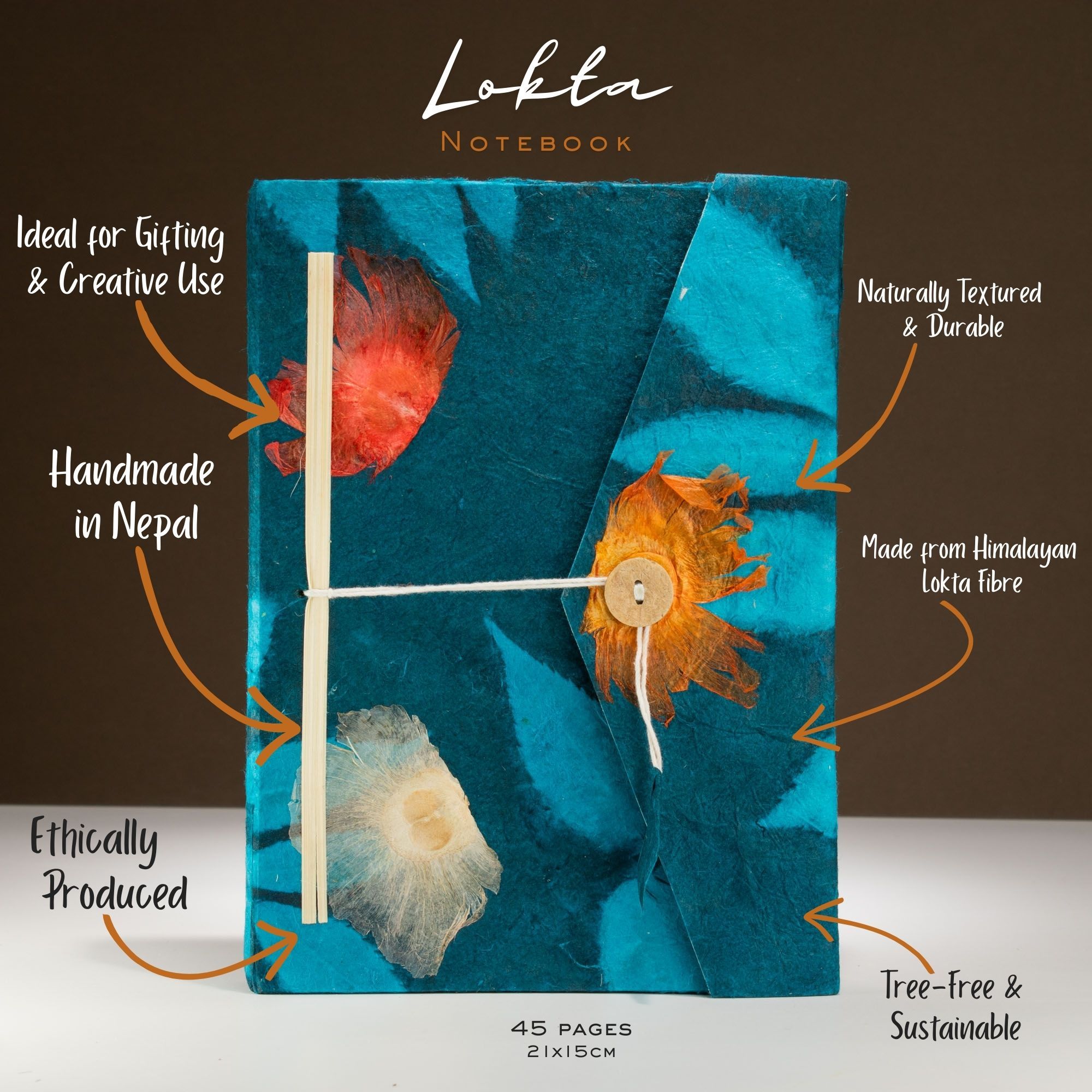 Lokta Bold Floral Notebook – Large (21x15cm) – 45 Leaves – Includes Bookmark – Midnight Blue - Image 2