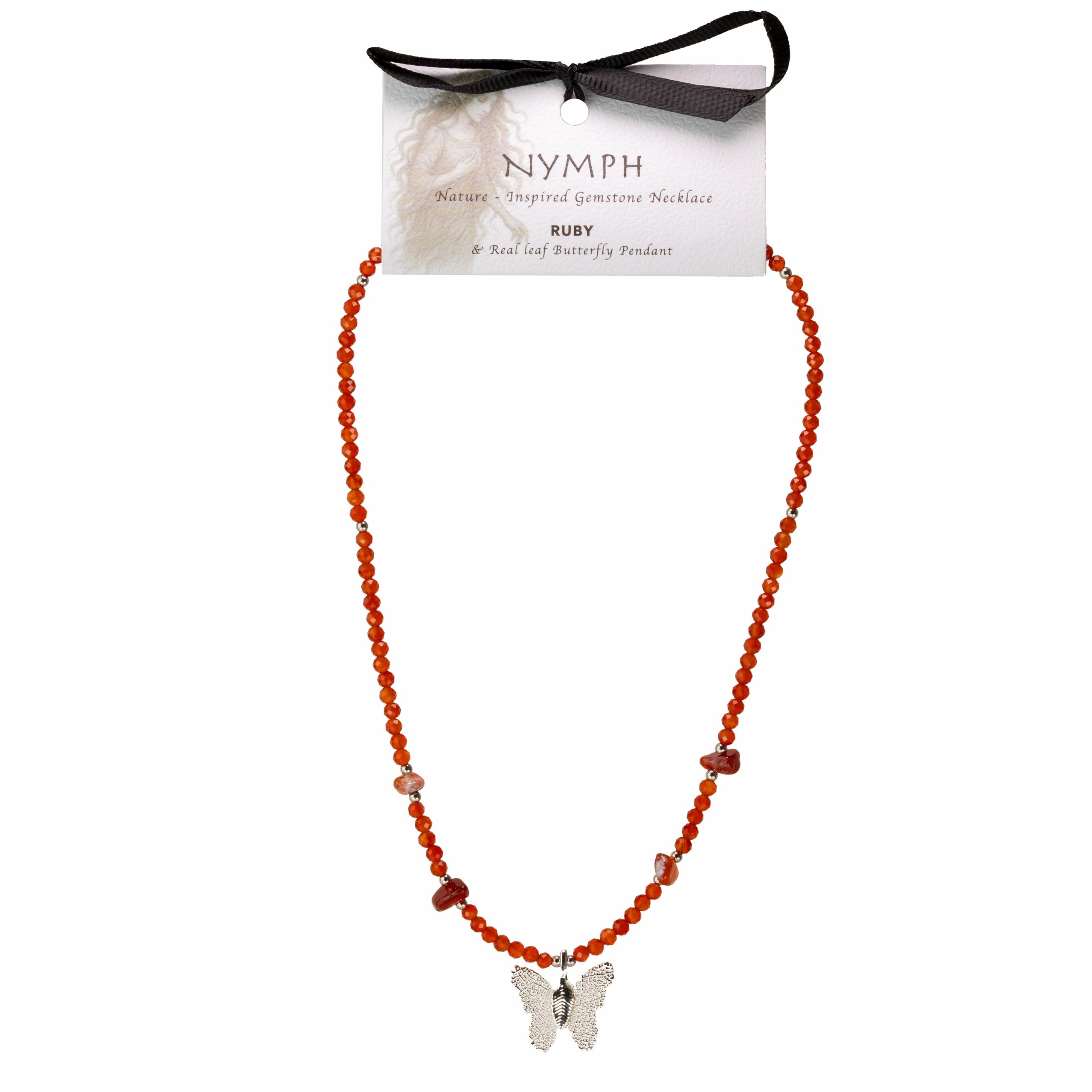 Nymph Ruby Gemstone Necklace with Real Leaf Butterfly Pendant - Image 2