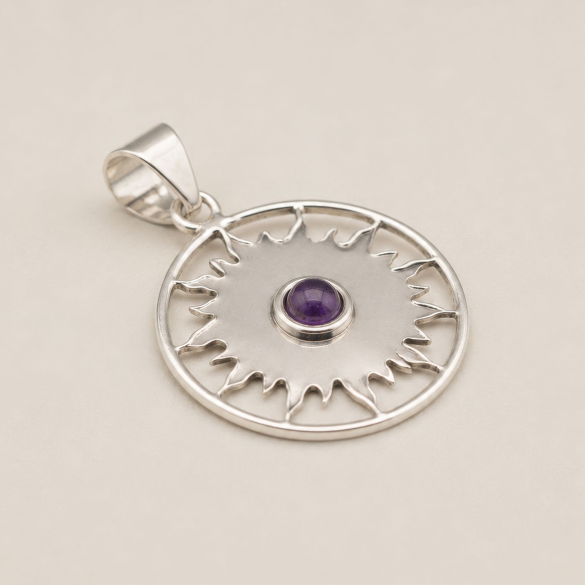 Indian Devotional Pendant - Silver Plated (45cm Cord)- Sun Worship Amethyst - Image 5