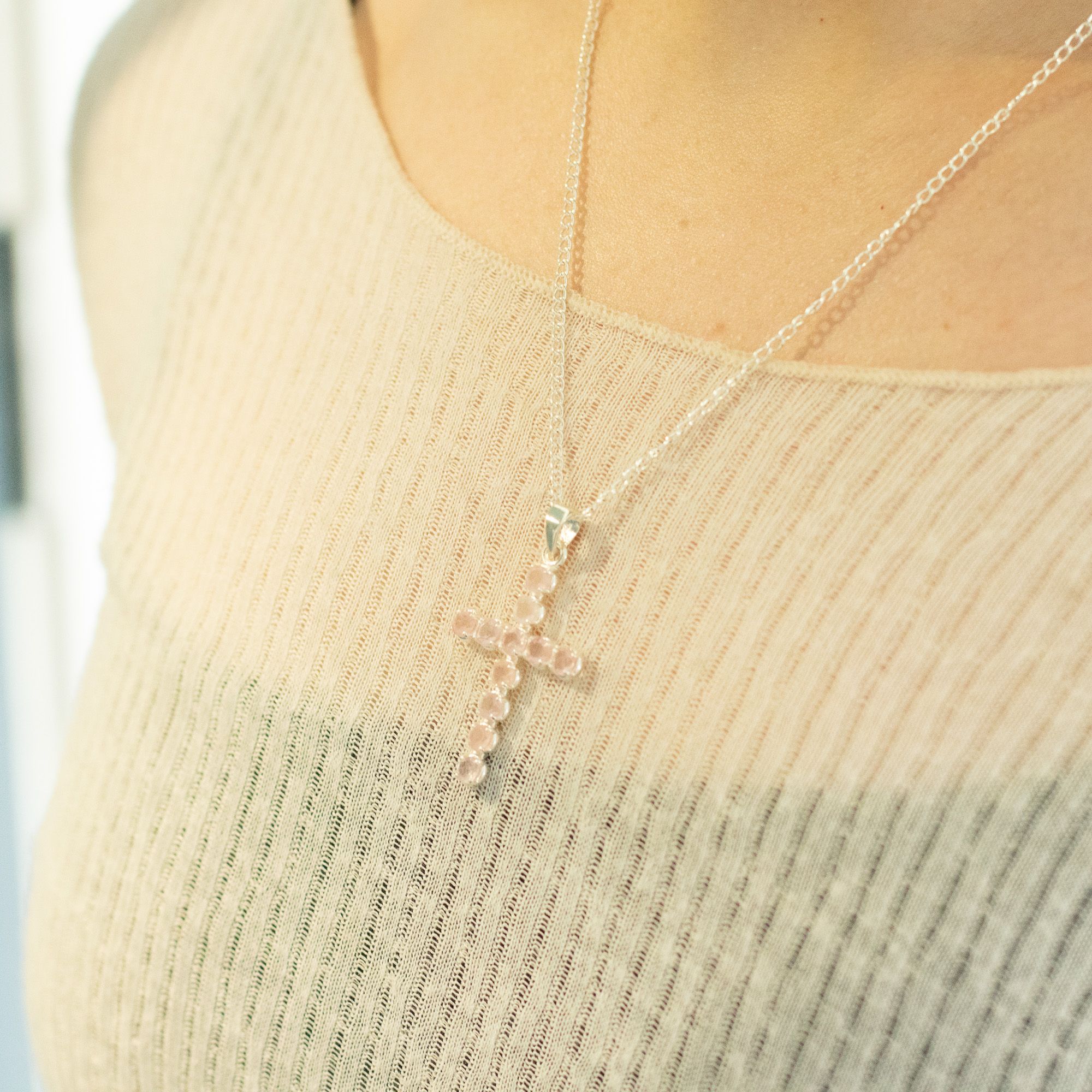 Indian Devotional Pendant - Silver Plated (45cm Chain)- Rose Quartz Crucifix - Image 2