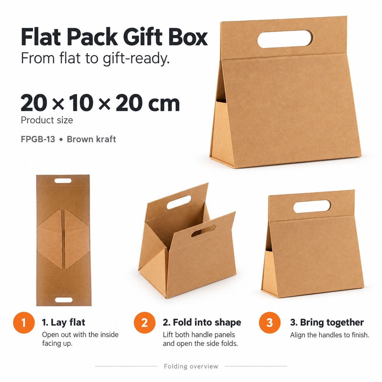 Flat Pack Gift Box - Hand Box (20x10x20cm) - Brown Craft - Image 5