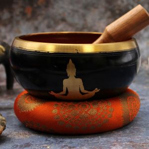 Lrg Buddha Singing Bowl Set- Black/Orange 14cm