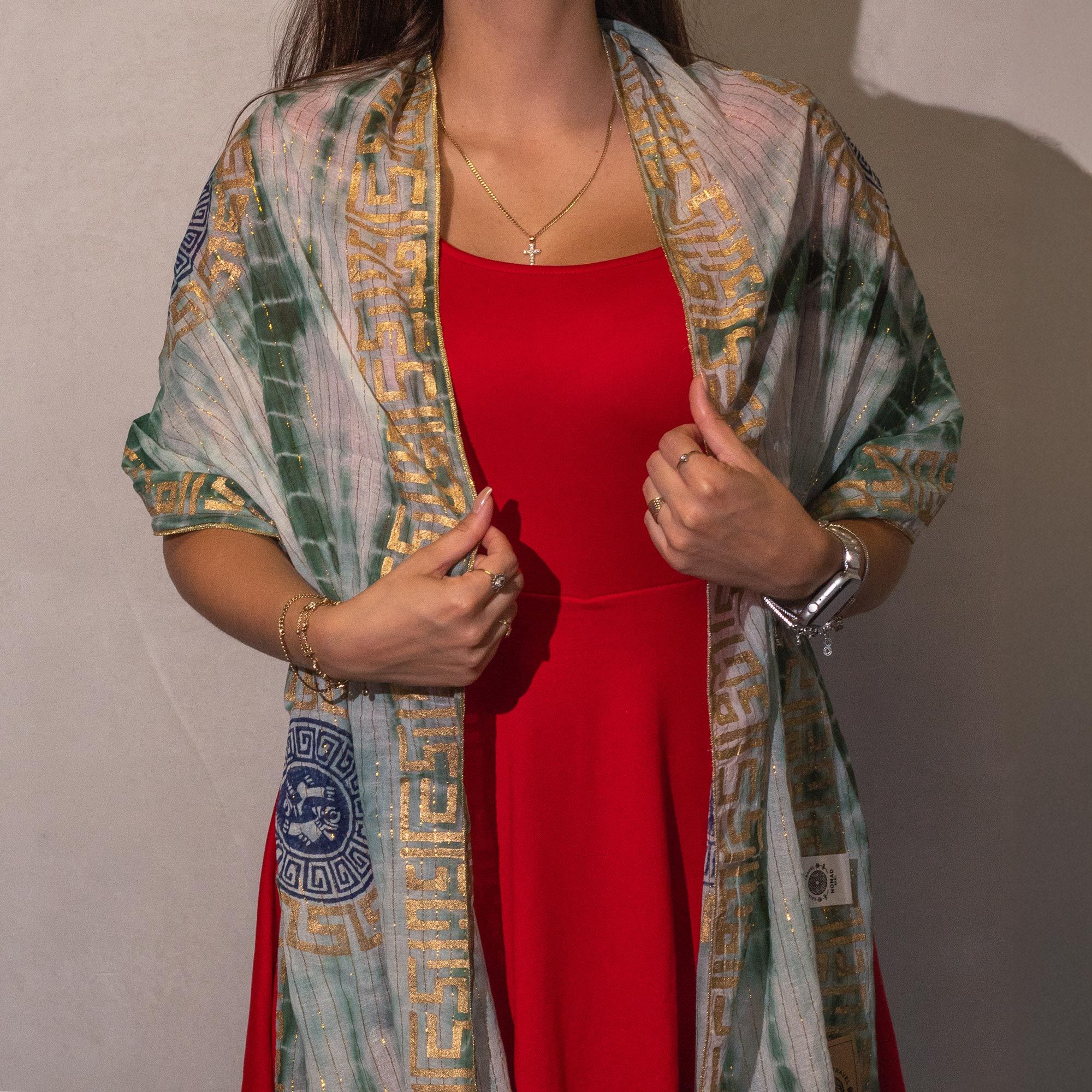 Nomad Sari Summer Marbella Print Scarf - Green with Gold (180x50cm) - Image 2