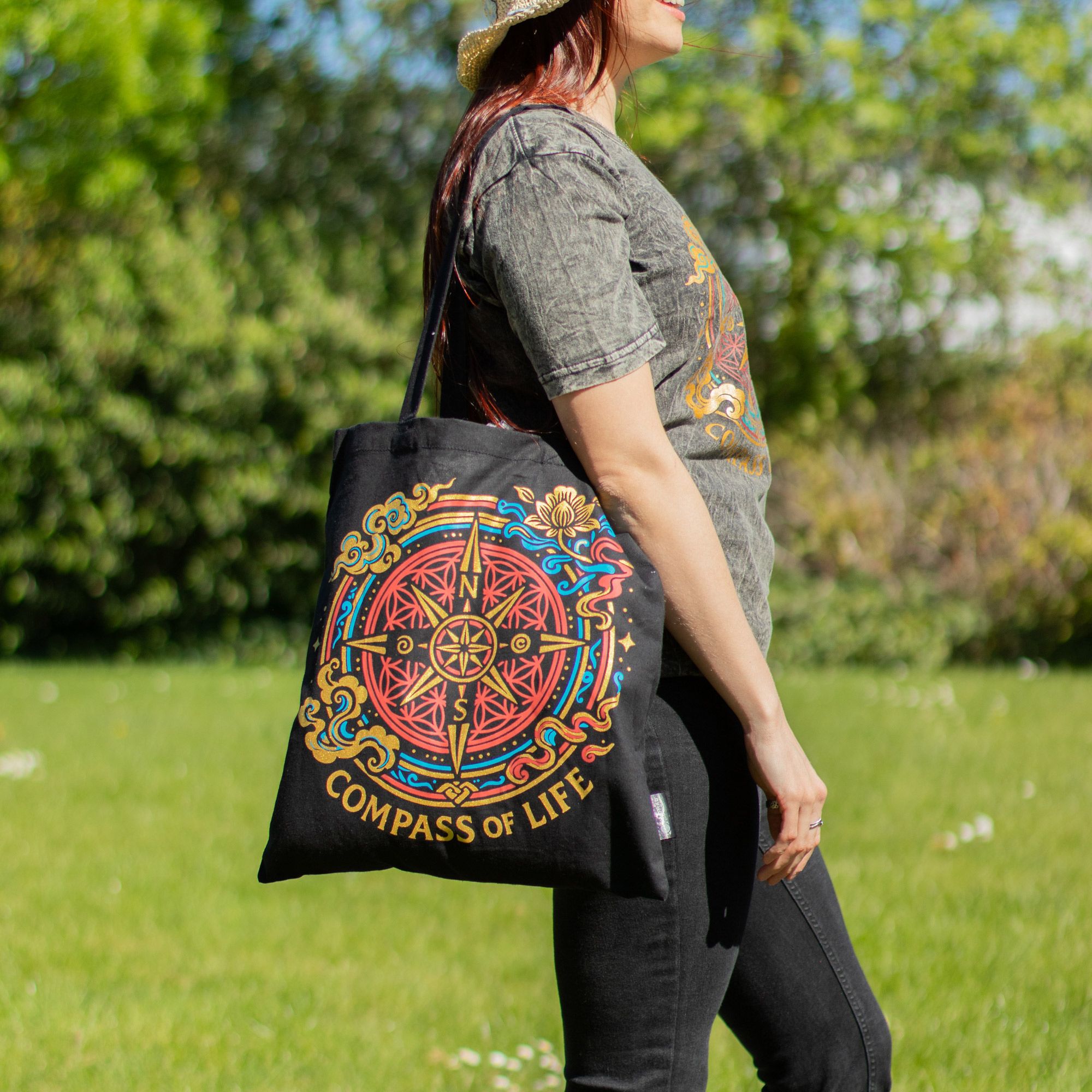 Iconic Classic Tote Bag - Compass of Life - Black 6oz - Image 2