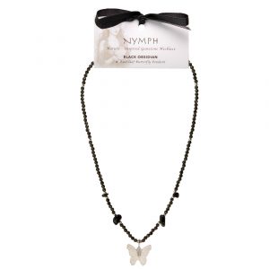 Nymph Black Obsidian Gemstone Necklace with Real Leaf Butterfly Pendant