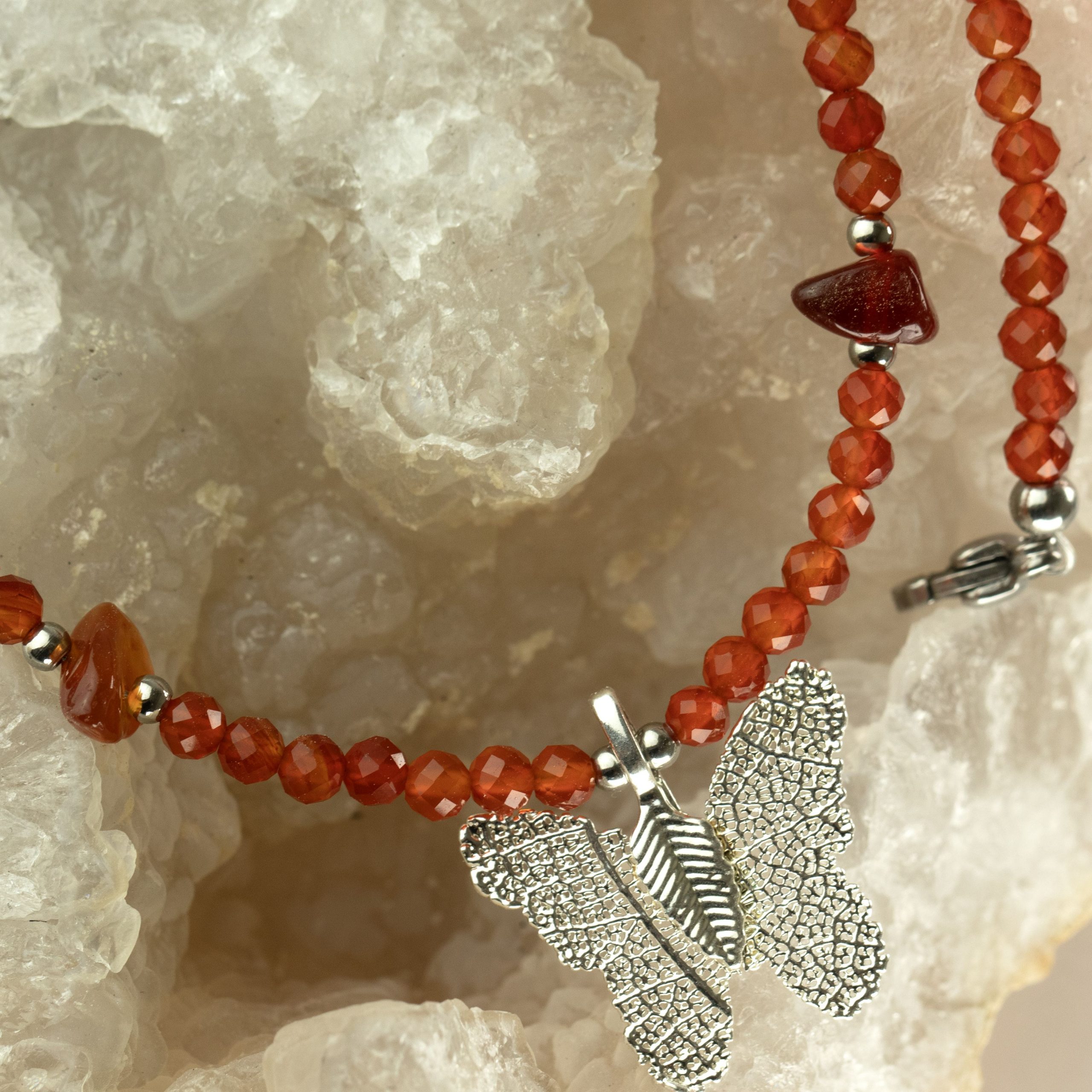 Nymph Ruby Gemstone Necklace with Real Leaf Butterfly Pendant - Image 3