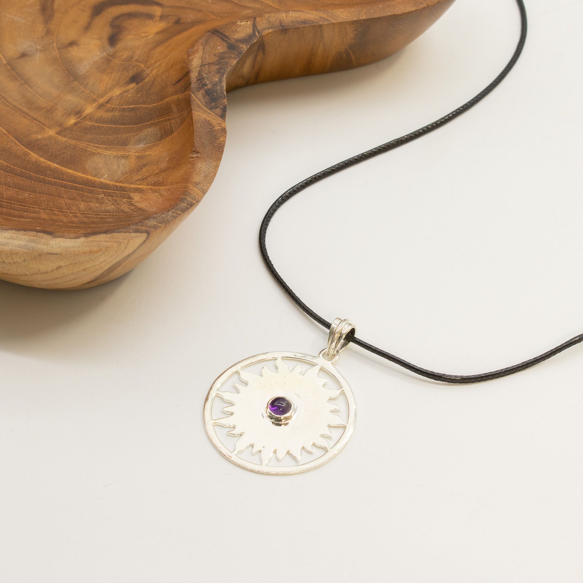 Indian Devotional Pendant - Silver Plated (45cm Cord)- Sun Worship Amethyst - Image 6
