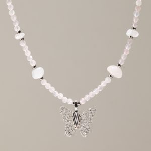 Nymph Rose Quartz Gemstone Necklace with Real Leaf Butterfly Pendant