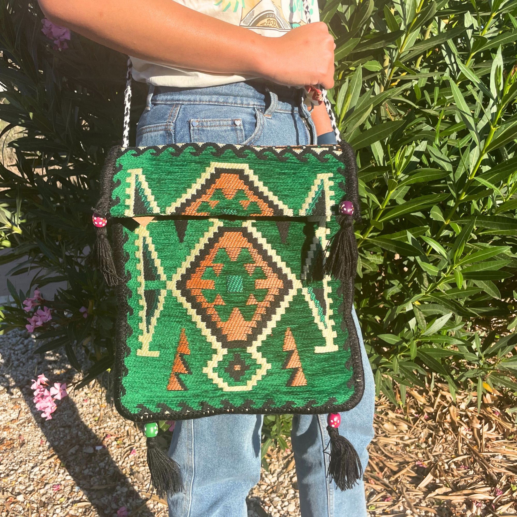 Emerald Green Kilim Messenger Festival Bag - Image 4