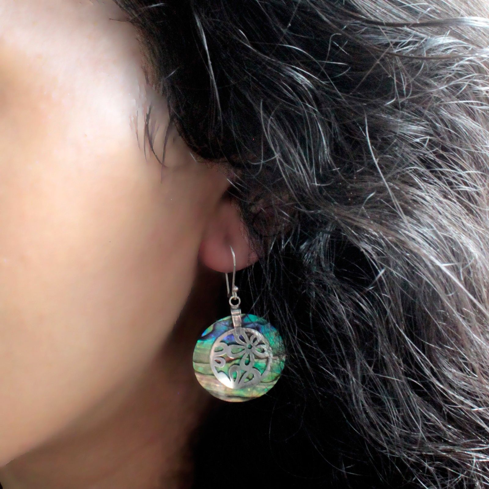 Shell & Silver Earrings - Classic Disc - Abalone - Image 3