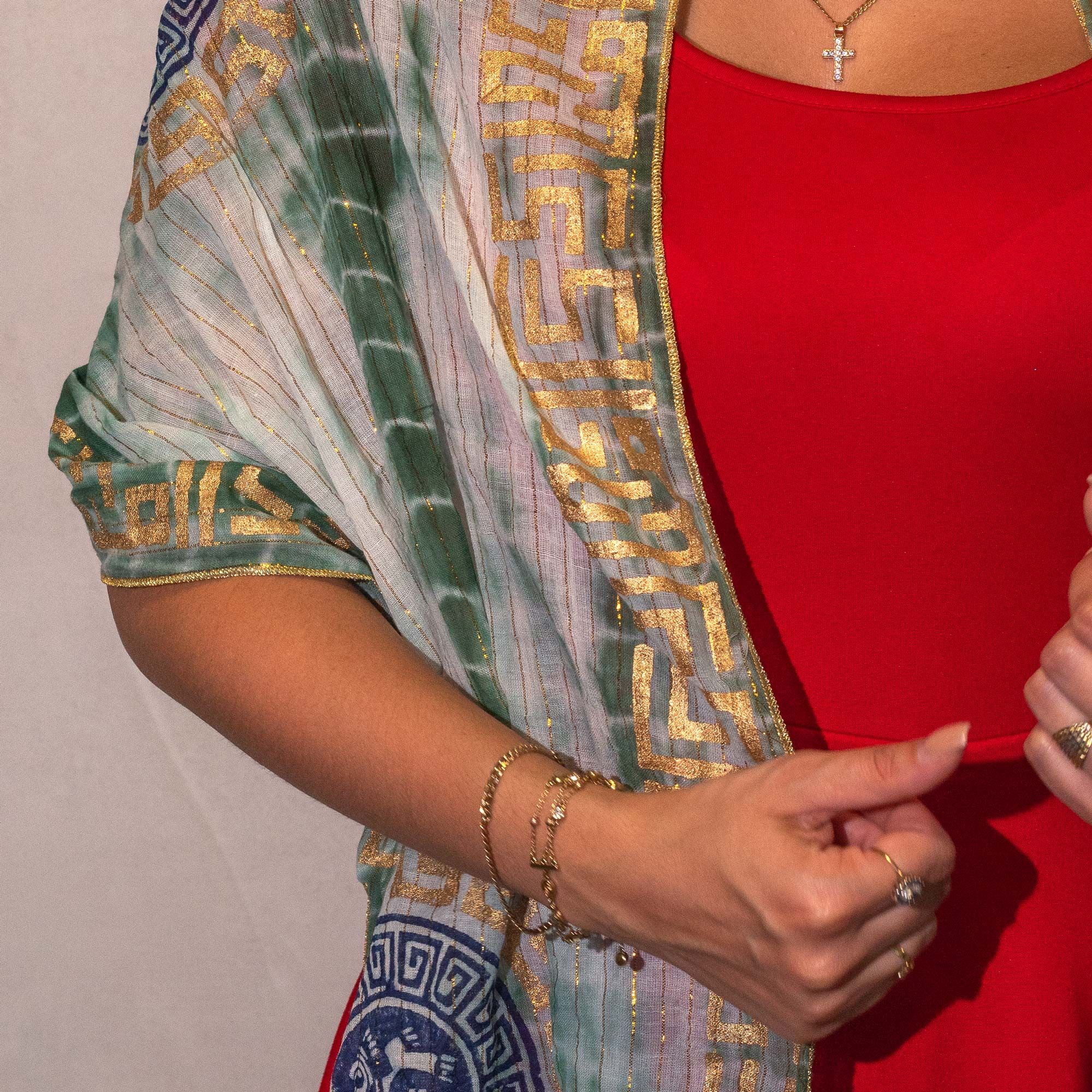 Nomad Sari Summer Marbella Print Scarf - Green with Gold (180x50cm) - Image 3