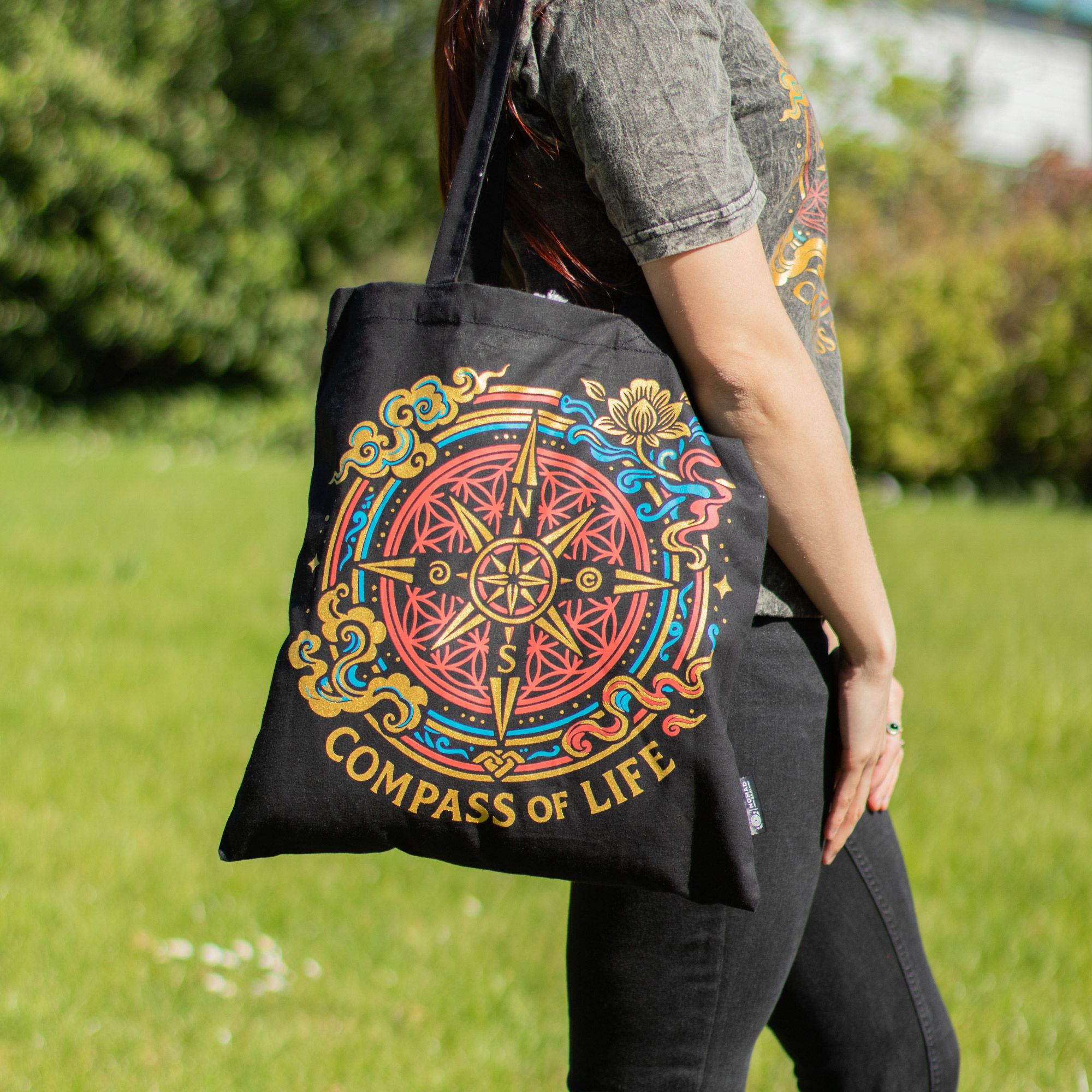 Iconic Classic Tote Bag - Compass of Life - Black 6oz - Image 3