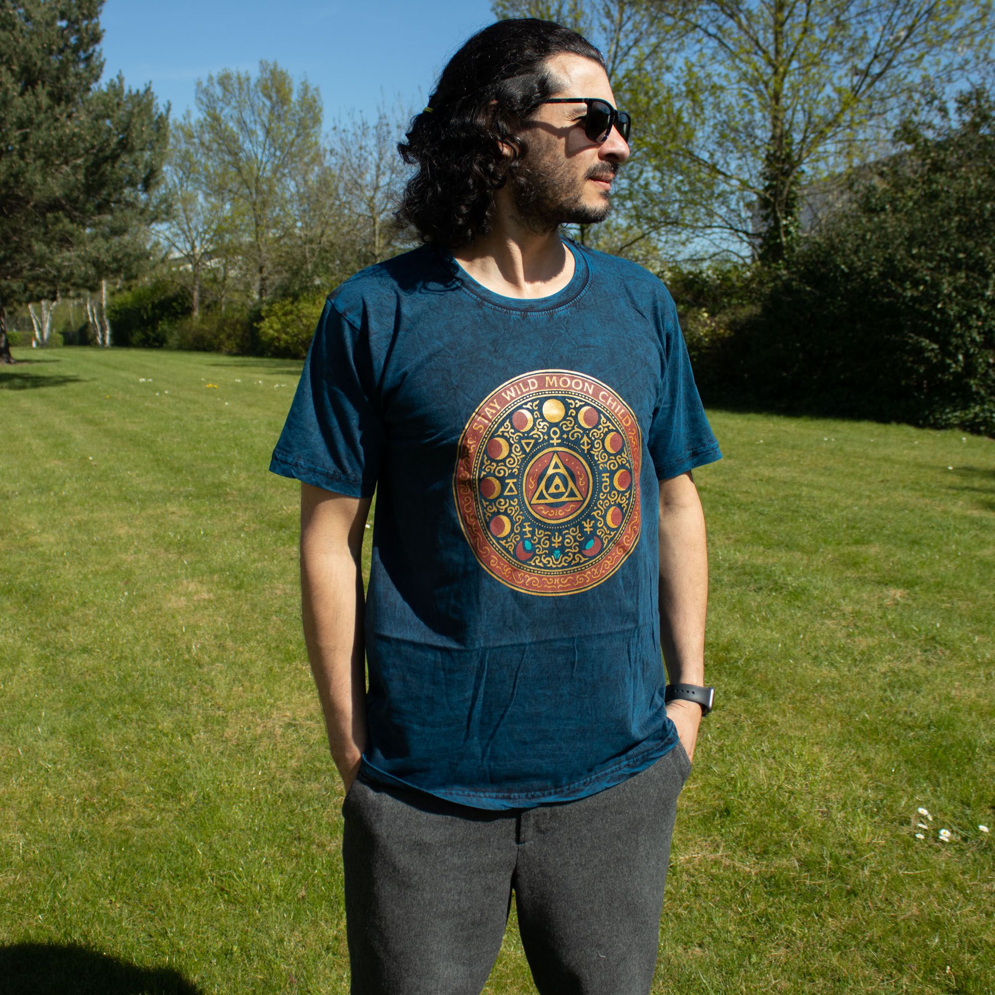 Nomad Sari Stonewashed Cotton T-Shirt - Stay Wild Moon Child - Blue - Small - Image 3