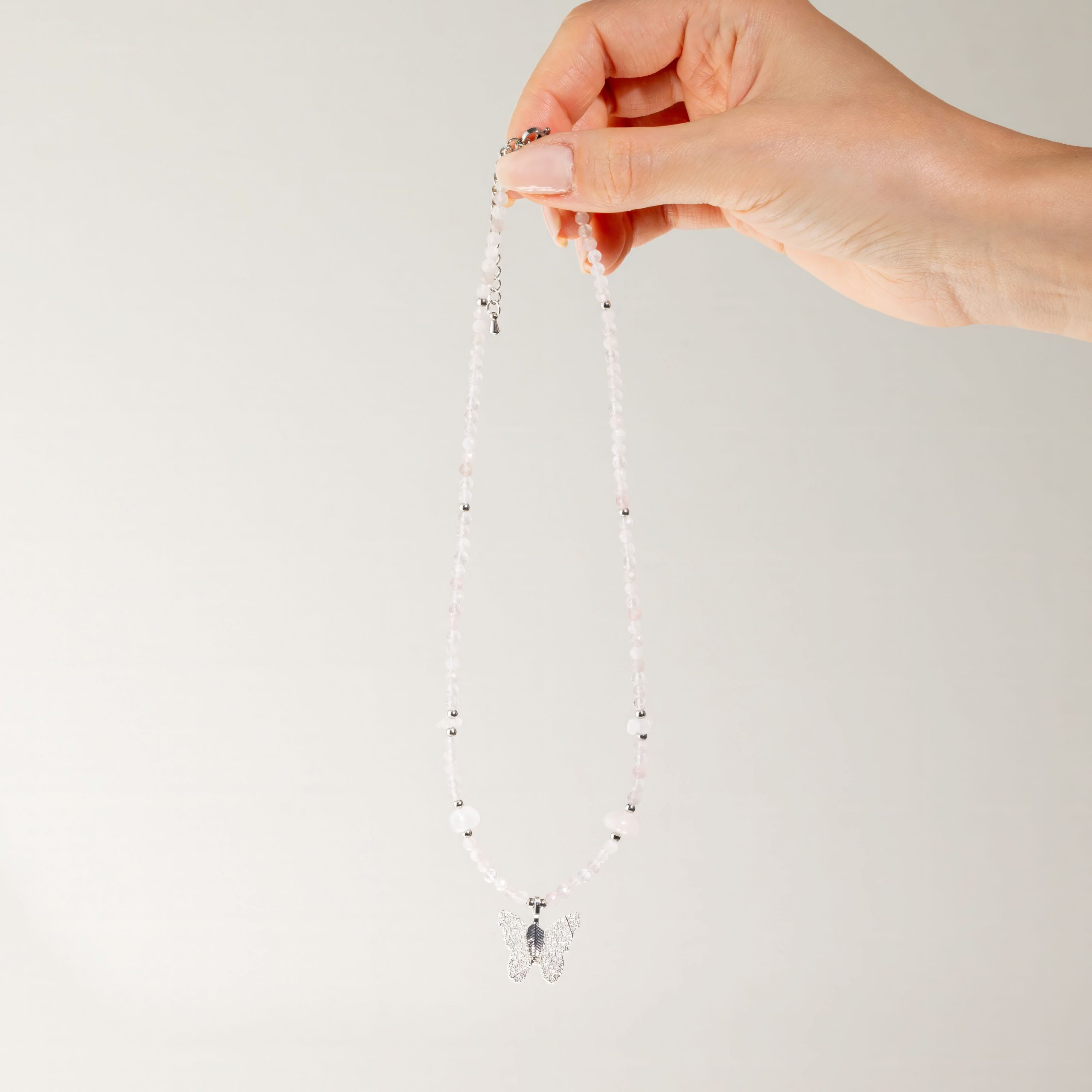 Nymph Rose Quartz Gemstone Necklace with Real Leaf Butterfly Pendant - Image 3
