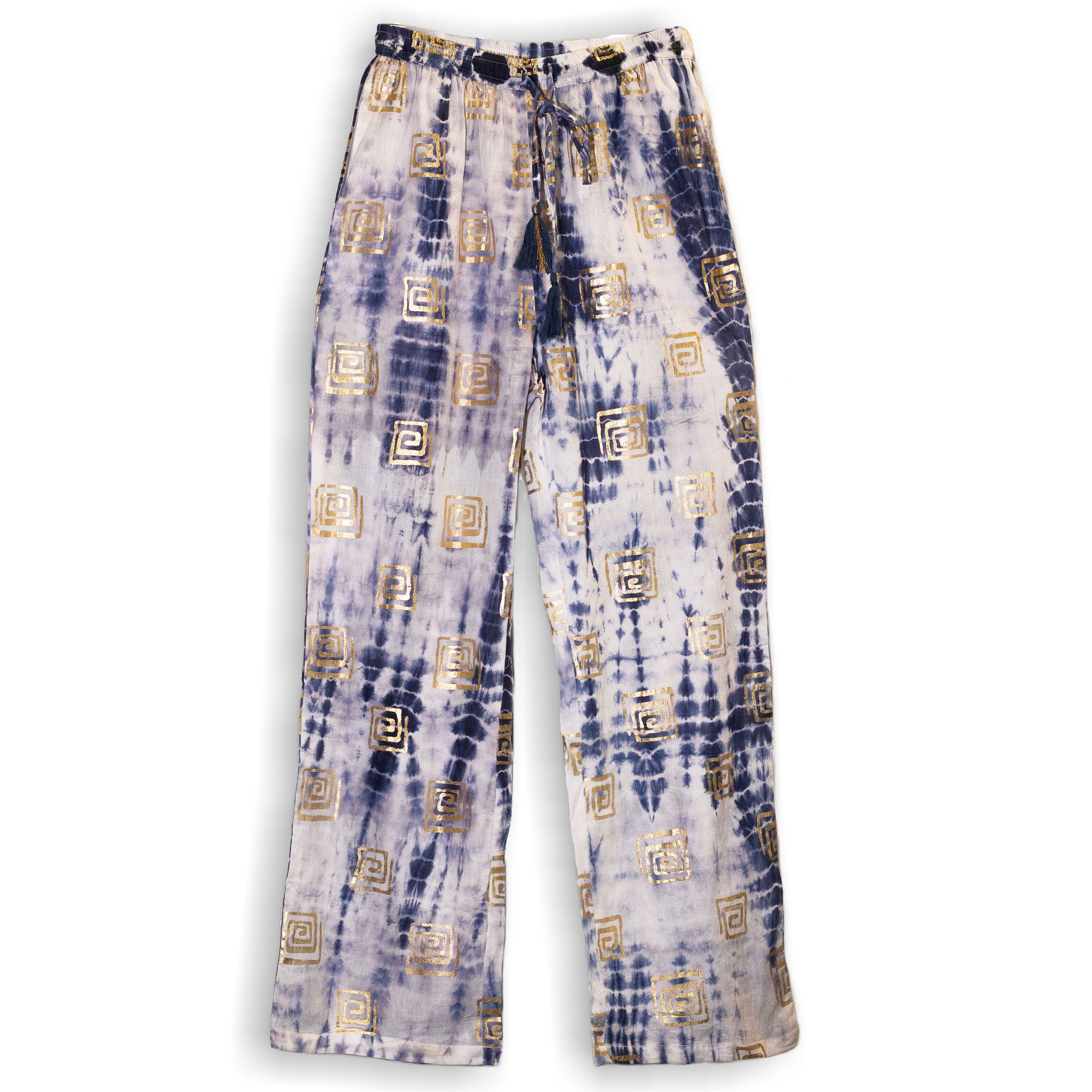 Nomad Sari Lounge Pants (L/XL) – Blue Tie-Dye with Gold Greek Motif - Image 9