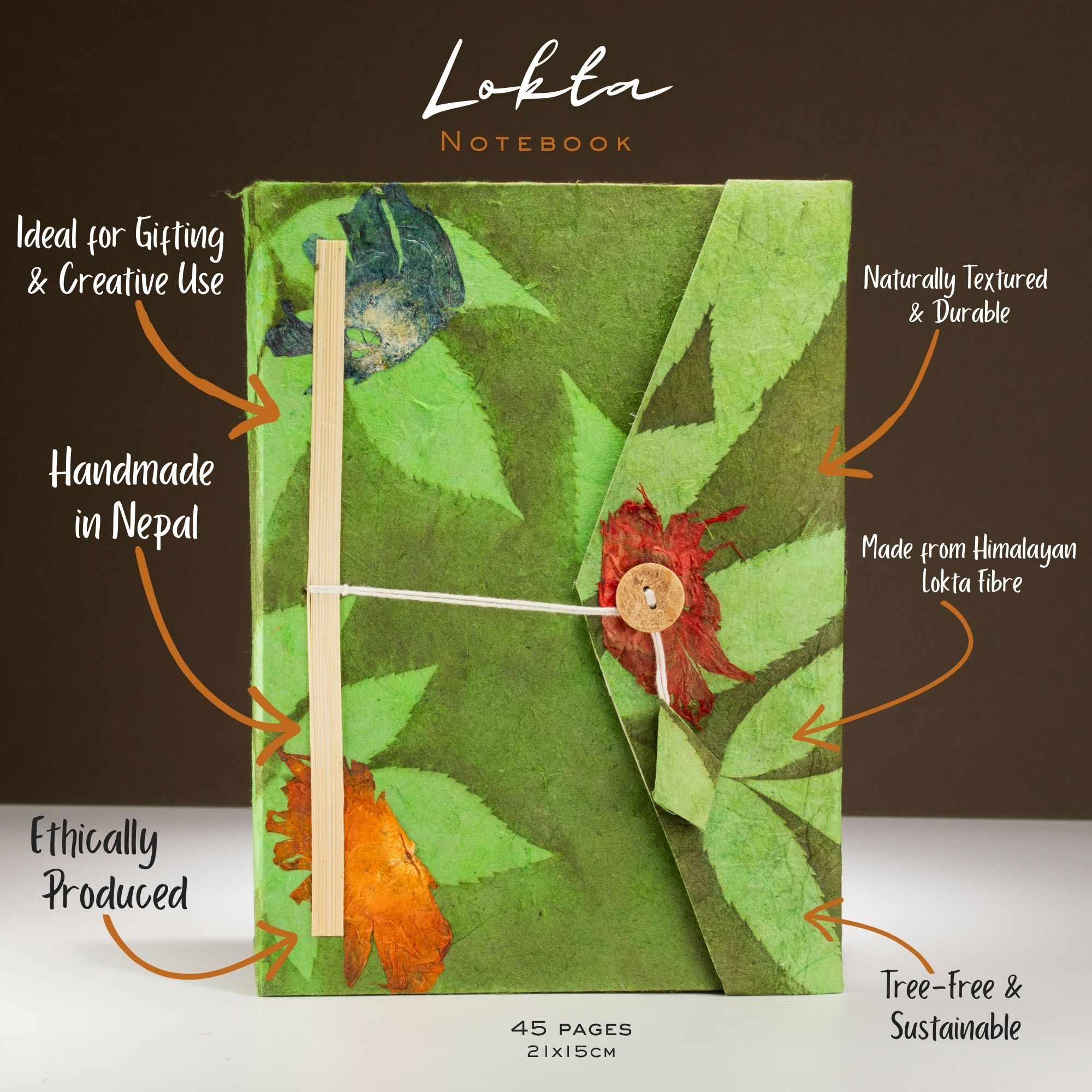 Lokta Bold Floral Notebook – Large (21x15cm) – 45 Leaves – Includes Bookmark – Moss Green - Image 2