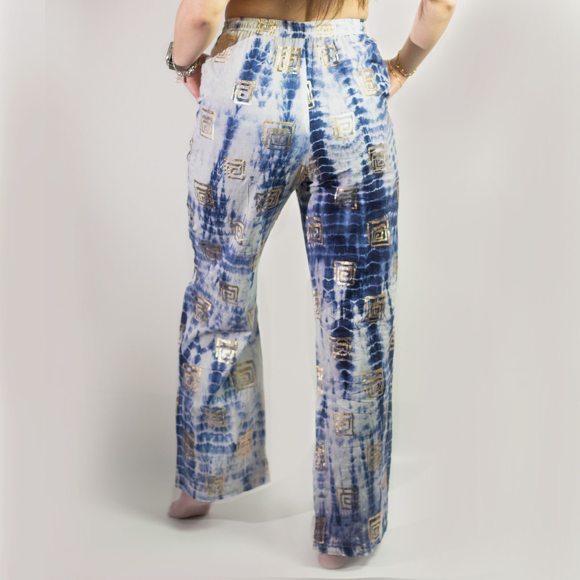 Nomad Sari Lounge Pants (L/XL) – Blue Tie-Dye with Gold Greek Motif - Image 3