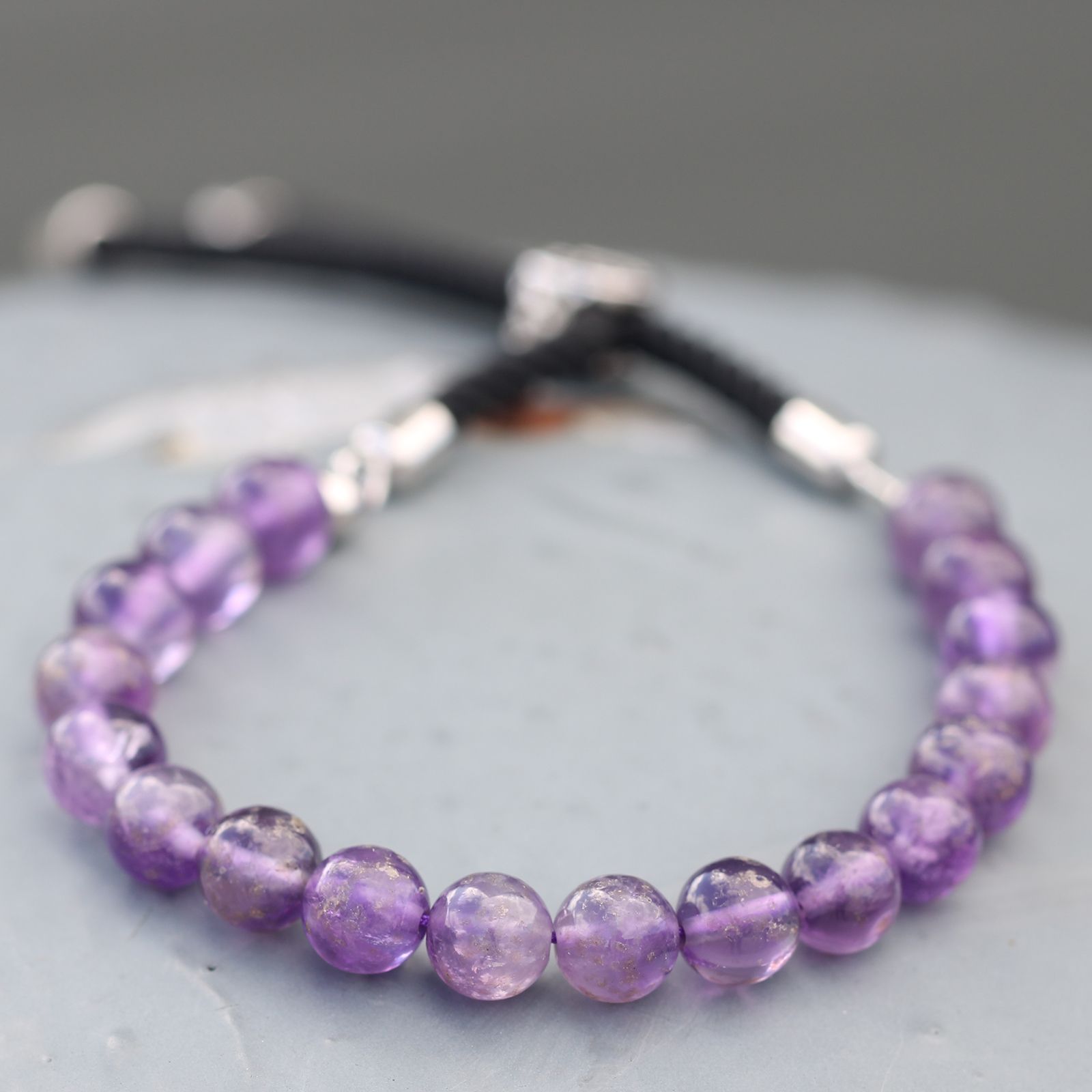 925 Silver Plated Gemstone Black String Bracelet - Amethyst - Image 2