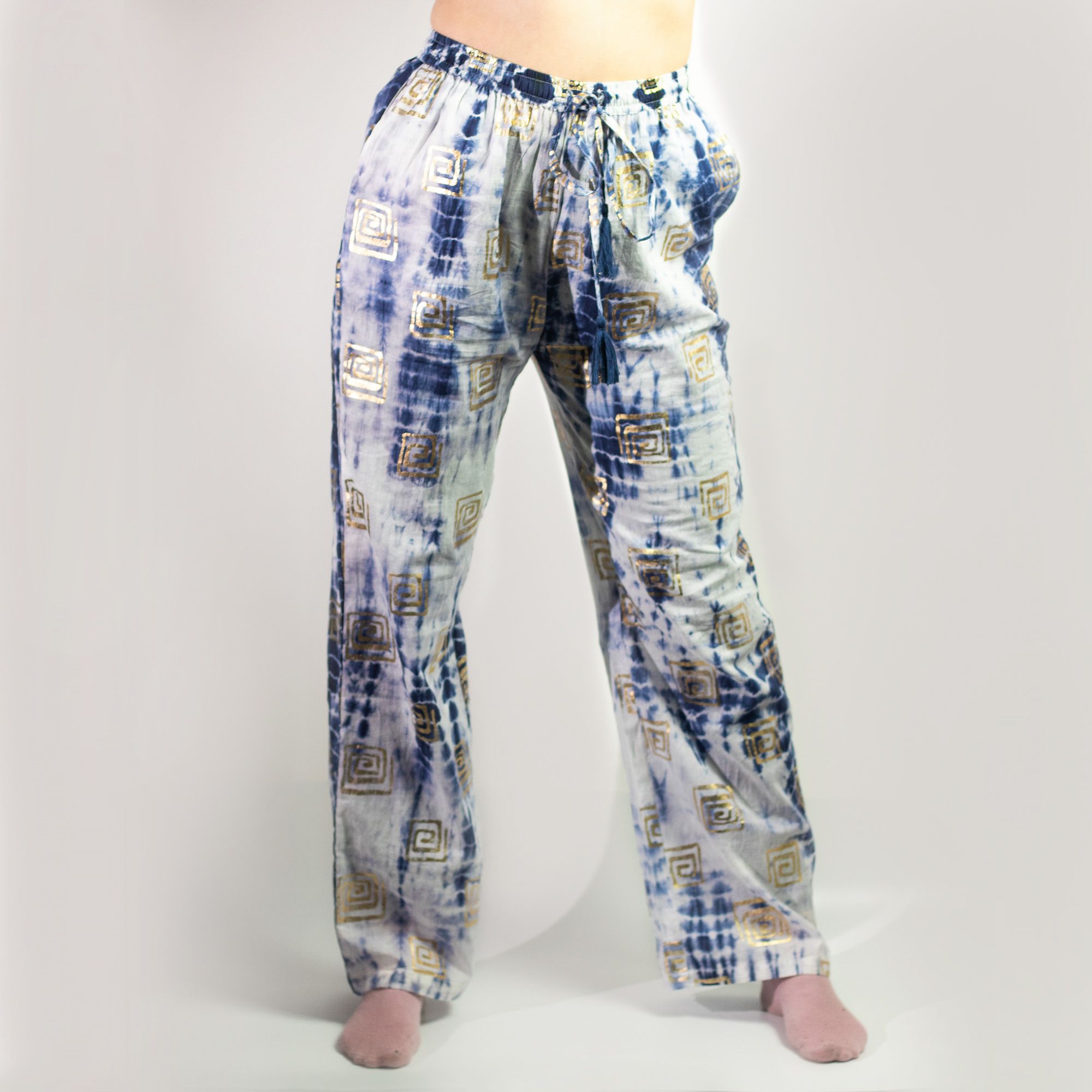 Nomad Sari Lounge Pants (L/XL) – Blue Tie-Dye with Gold Greek Motif - Image 10