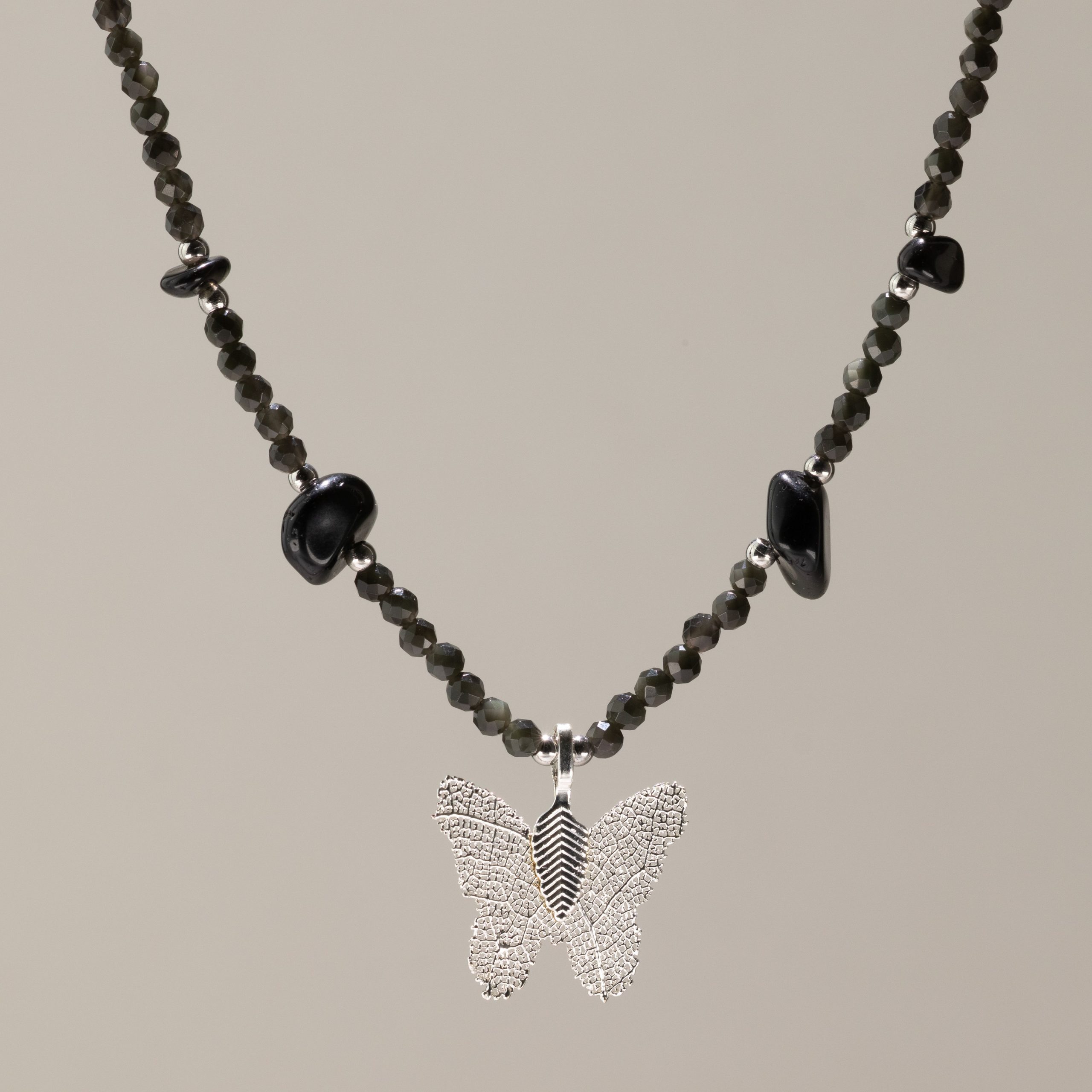 Nymph Black Obsidian Gemstone Necklace with Real Leaf Butterfly Pendant - Image 2