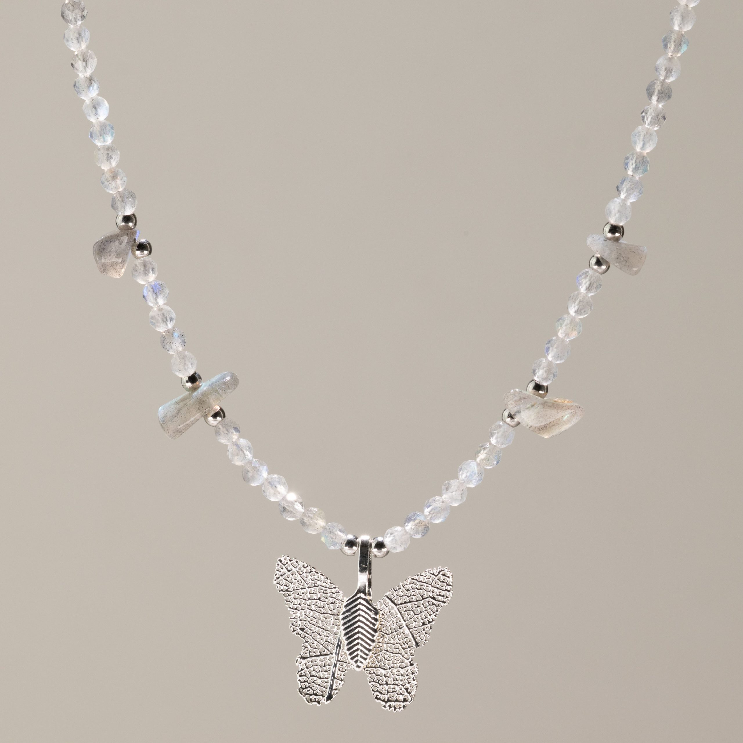 Nymph Labradorite Gemstone Necklace with Real Leaf Butterfly Pendant - Image 4