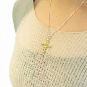 Indian Devotional Pendant - Silver Plated (45cm Chain)- Peridot Crucifix
