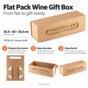Flat Pack Gift Box - Wine Box Shape (33.5x10x10.5cm) - Brown Craft