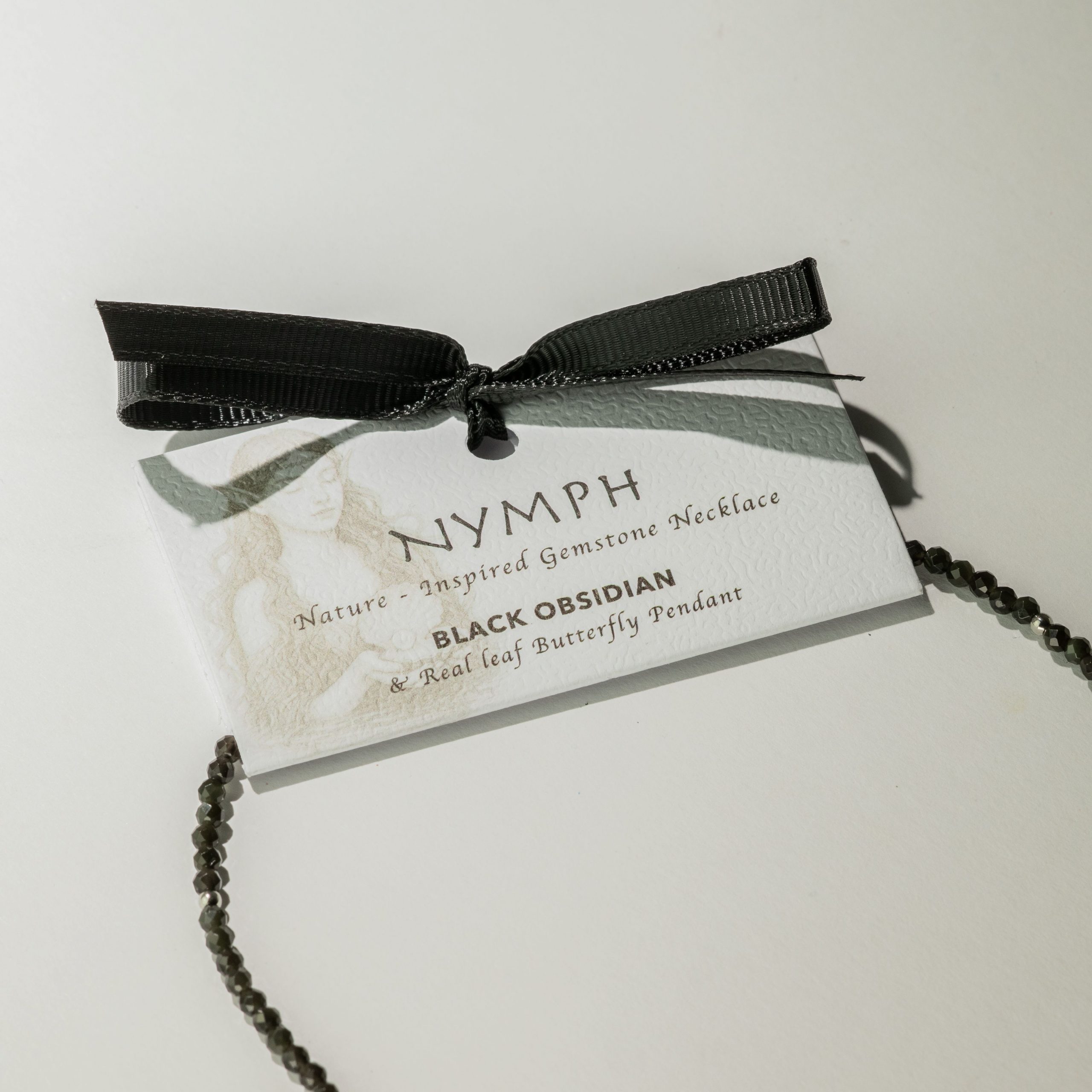 Nymph Black Obsidian Gemstone Necklace with Real Leaf Butterfly Pendant - Image 3