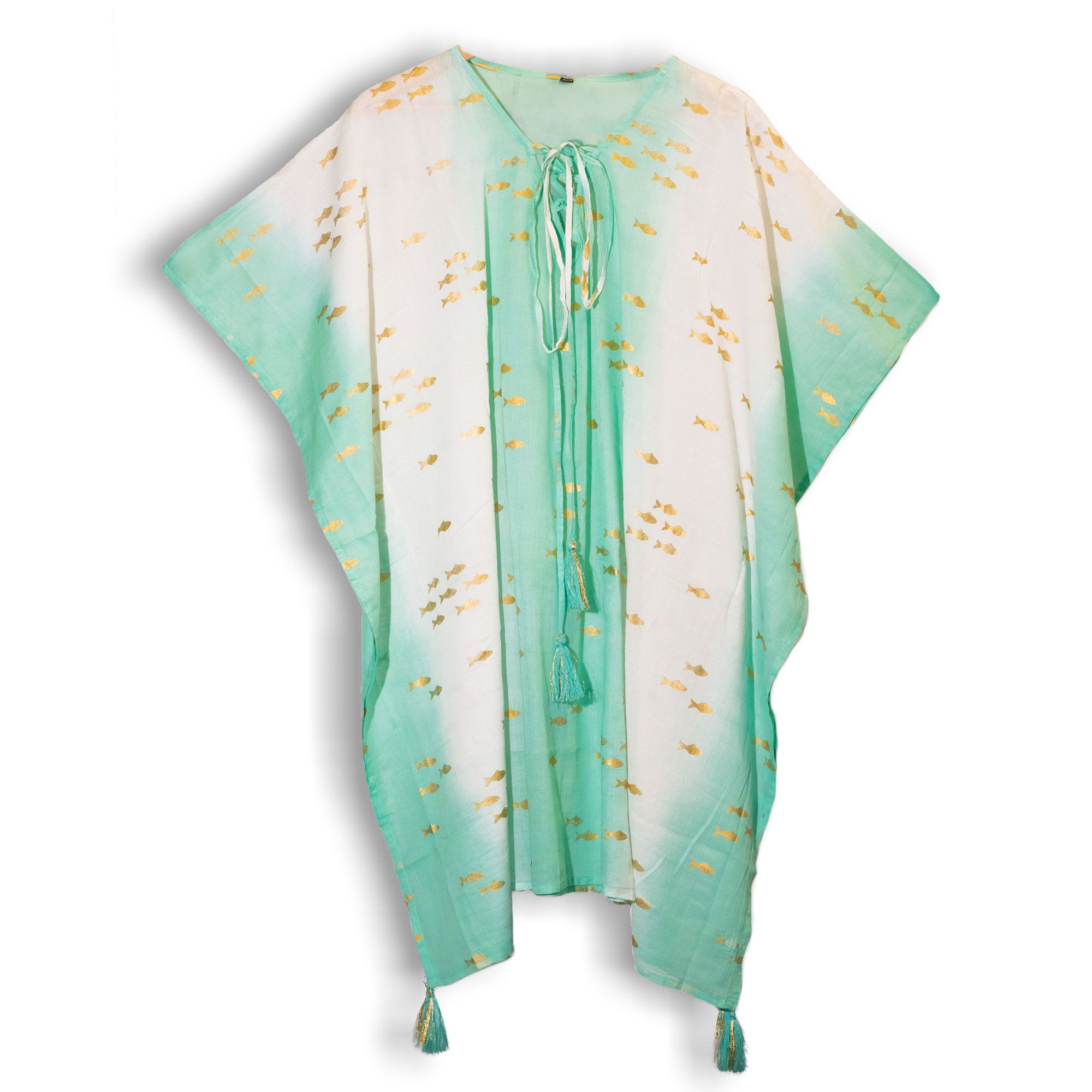Nomad Sari Kaftan – White & Turquoise with Gold Fish Print - Image 2