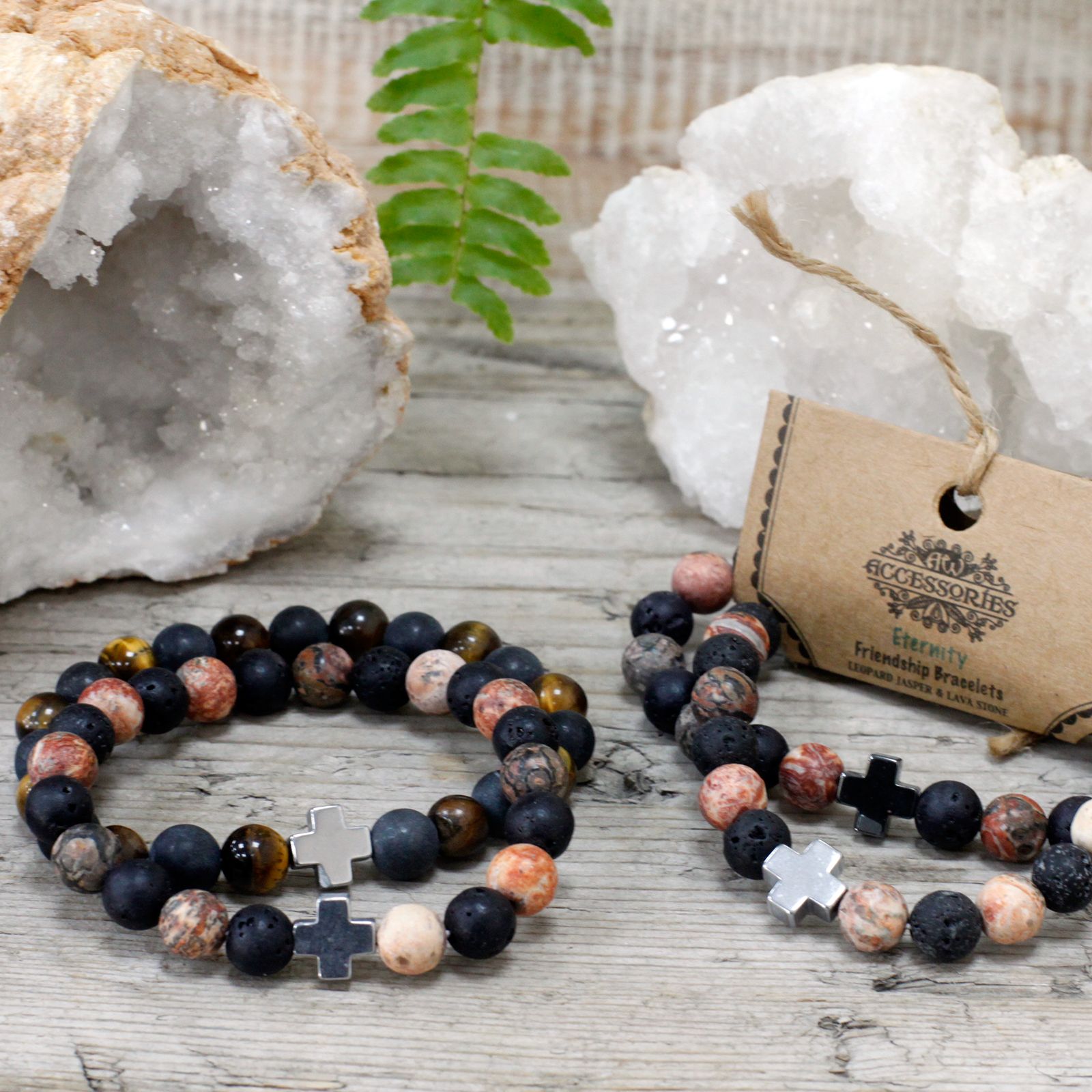 Set of 2 Gemstones Friendship Bracelets - Eternity - Leopard Skin Jasper & Lava Stone - Image 10