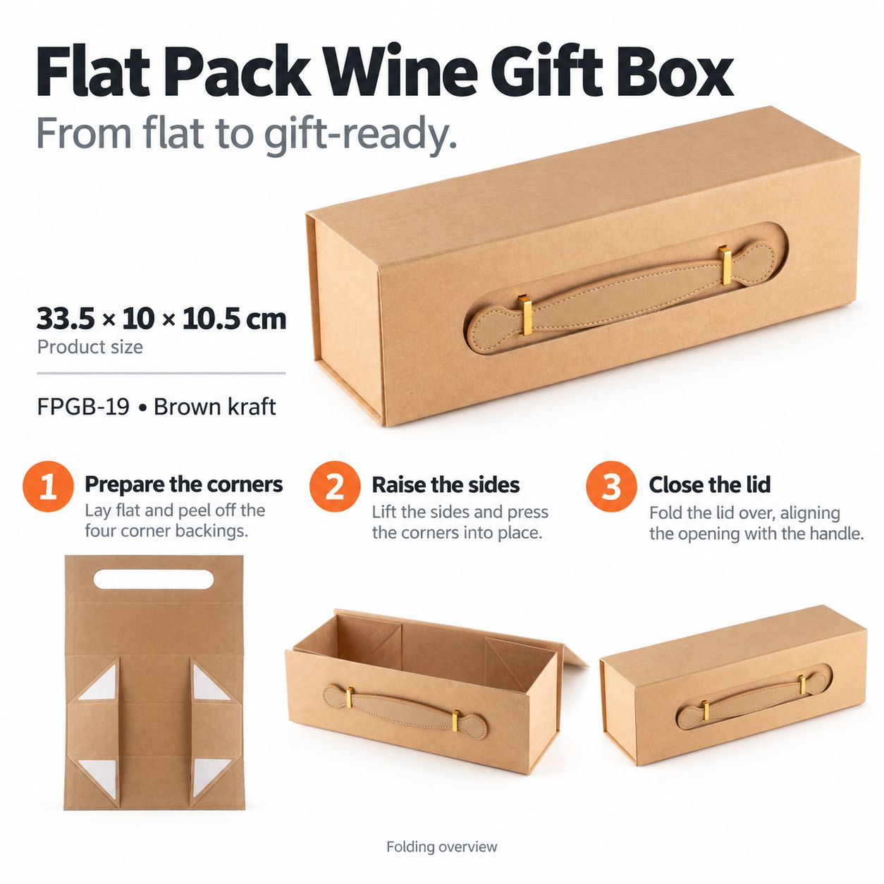 Flat Pack Gift Box - Wine Box Shape (33.5x10x10.5cm) - White
