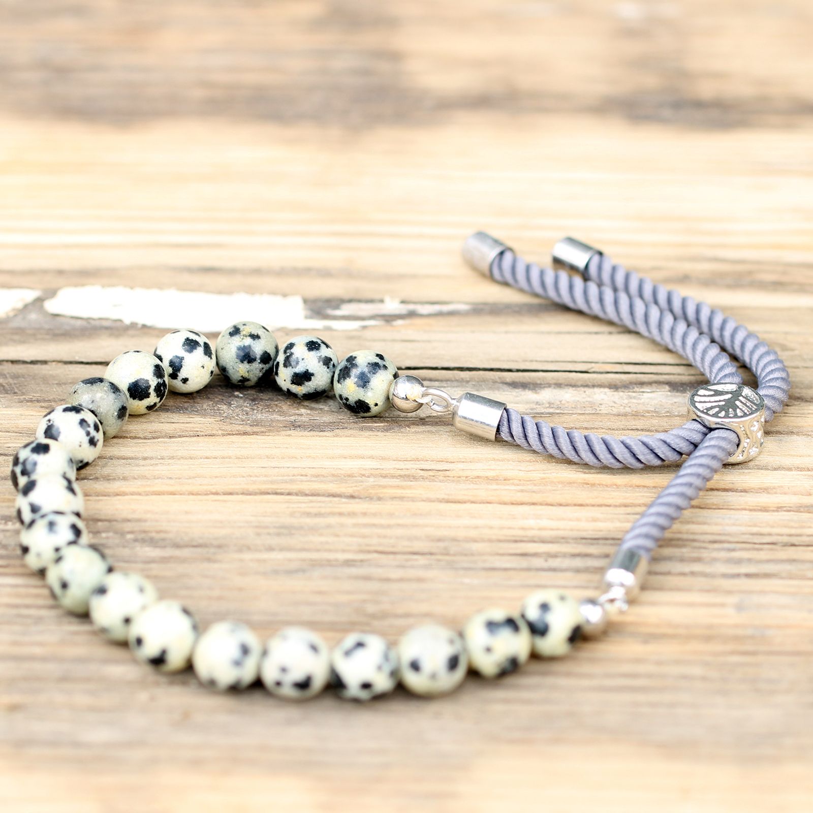 925 Silver Plated Gemstone Charcoal String Bracelet - Dalmatian Jasper - Image 6