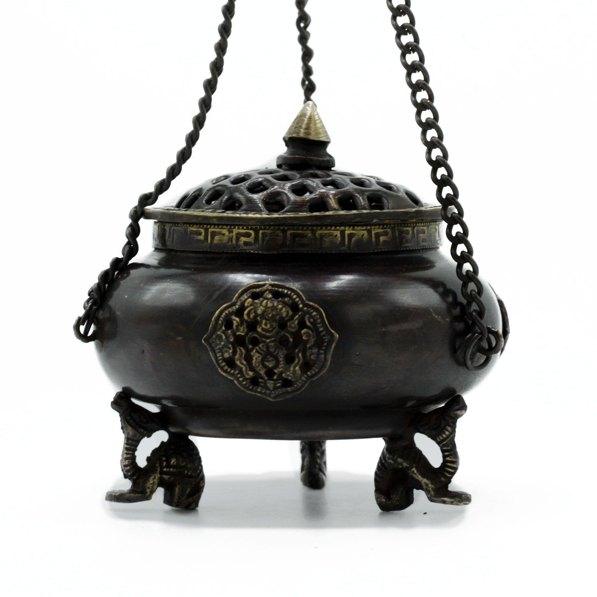 Lrg Brass Tibetan Burner - Four Symbol Hanging Pot - Image 3