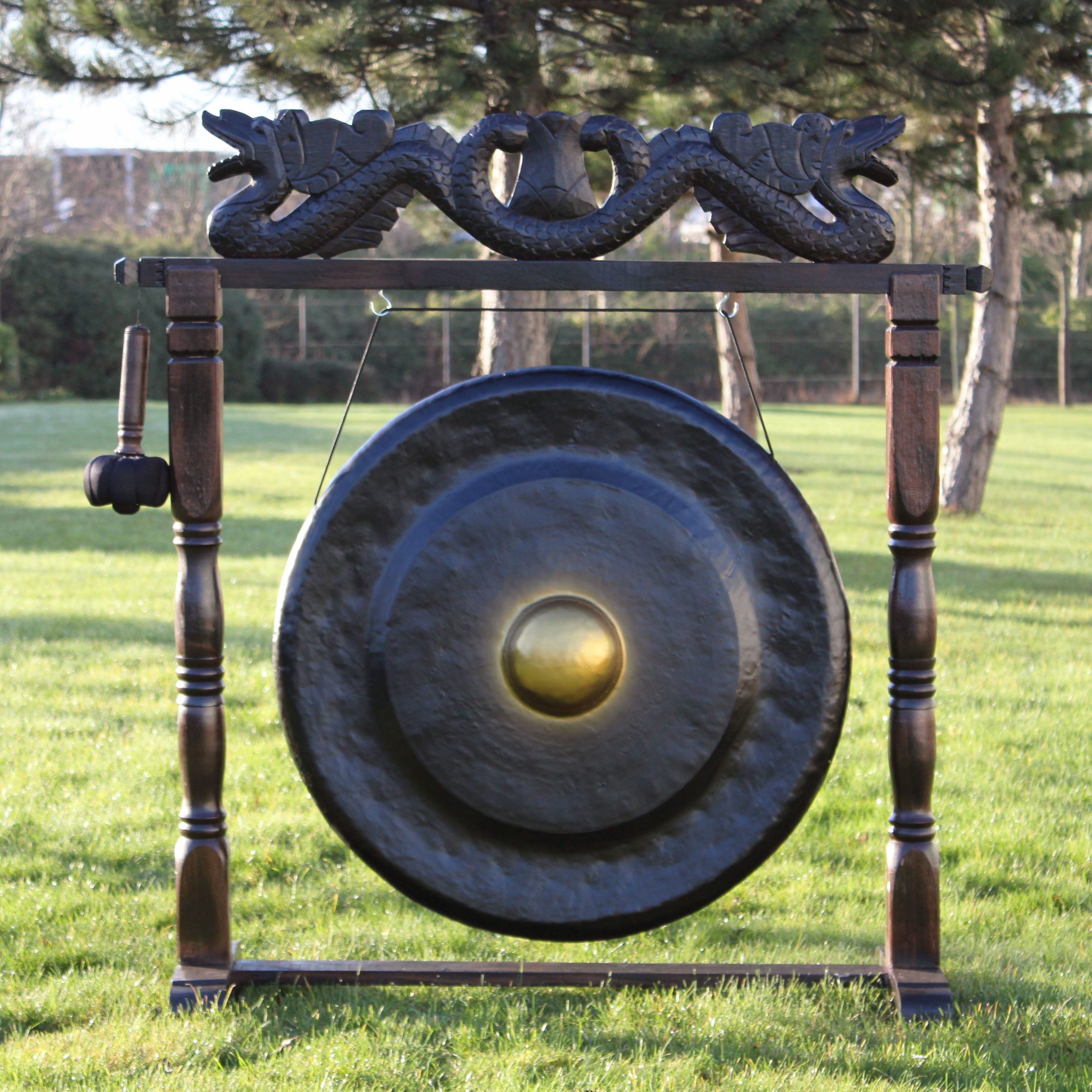 Large Gong in Brown Antique Stand - 80cm - Black - Image 2