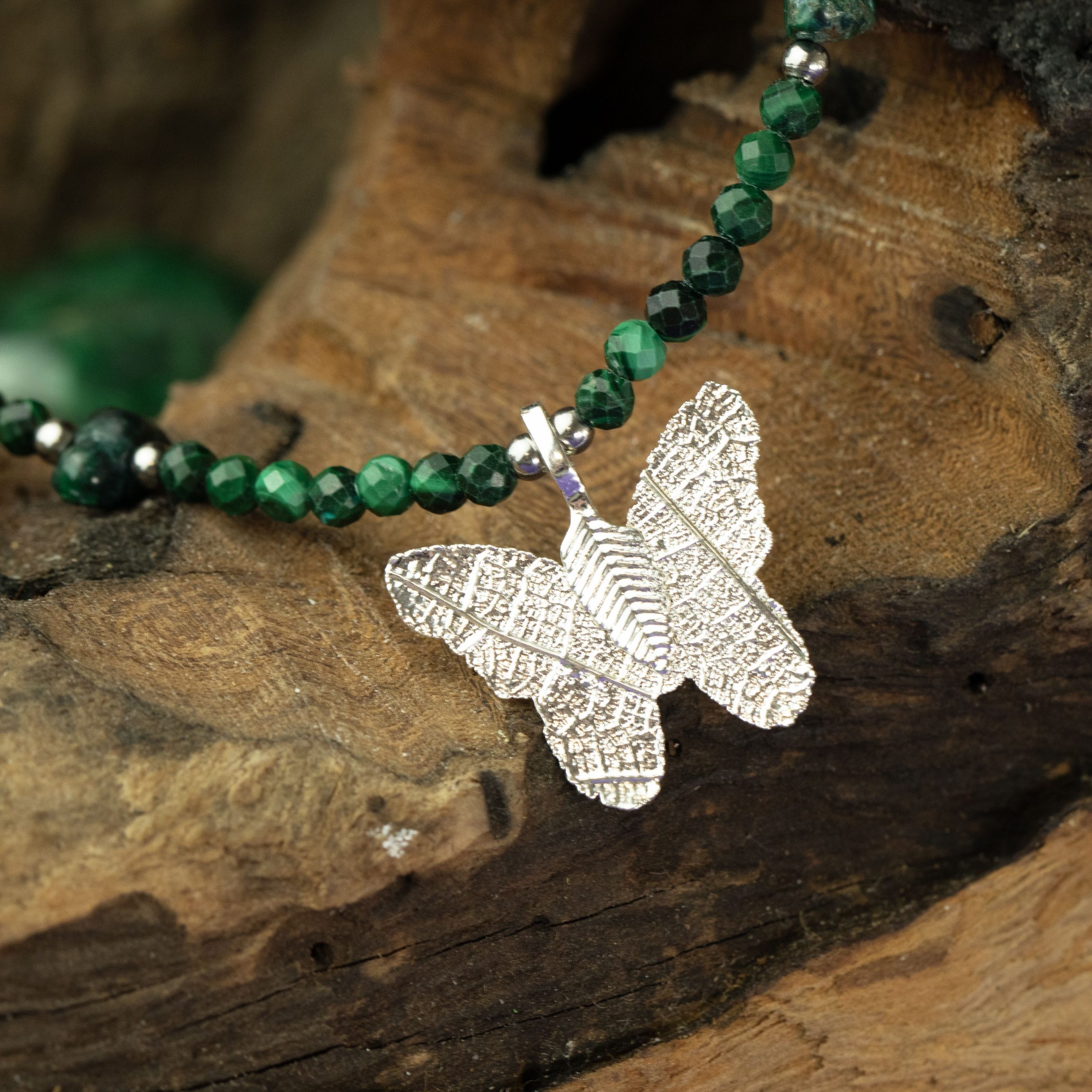 Nymph Malachite Gemstone Necklace with Real Leaf Butterfly Pendant - Image 2