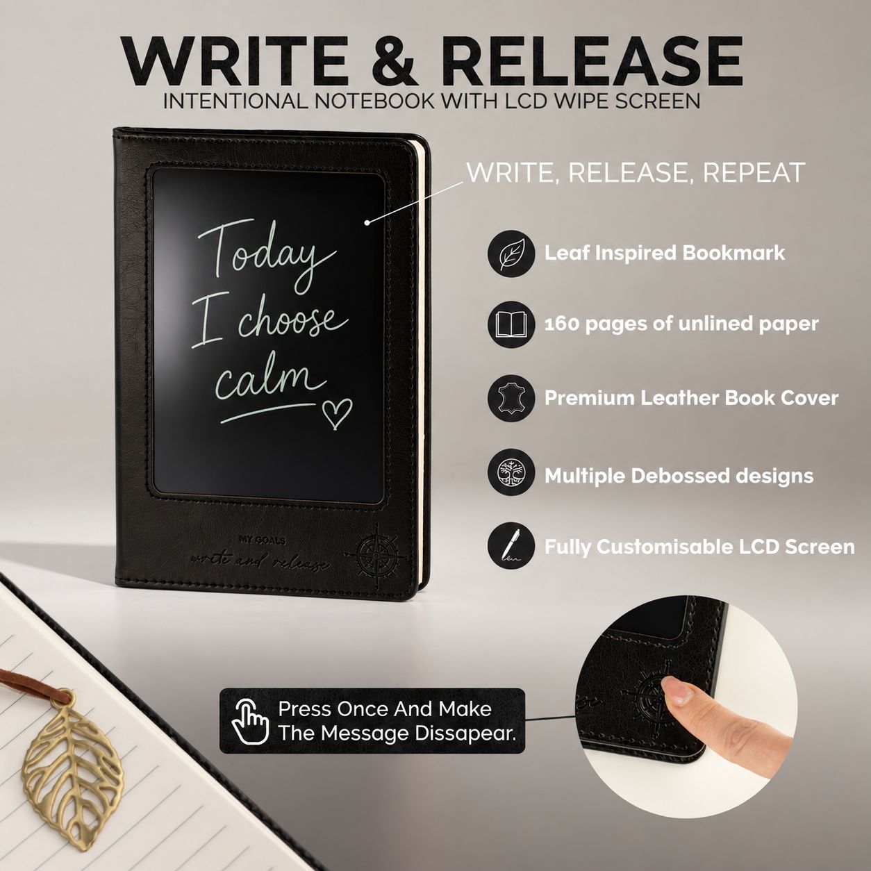 A5 Intention Note Book - LCD Wipe Screen - Black Leather Effect - 160 Pages - Image 14