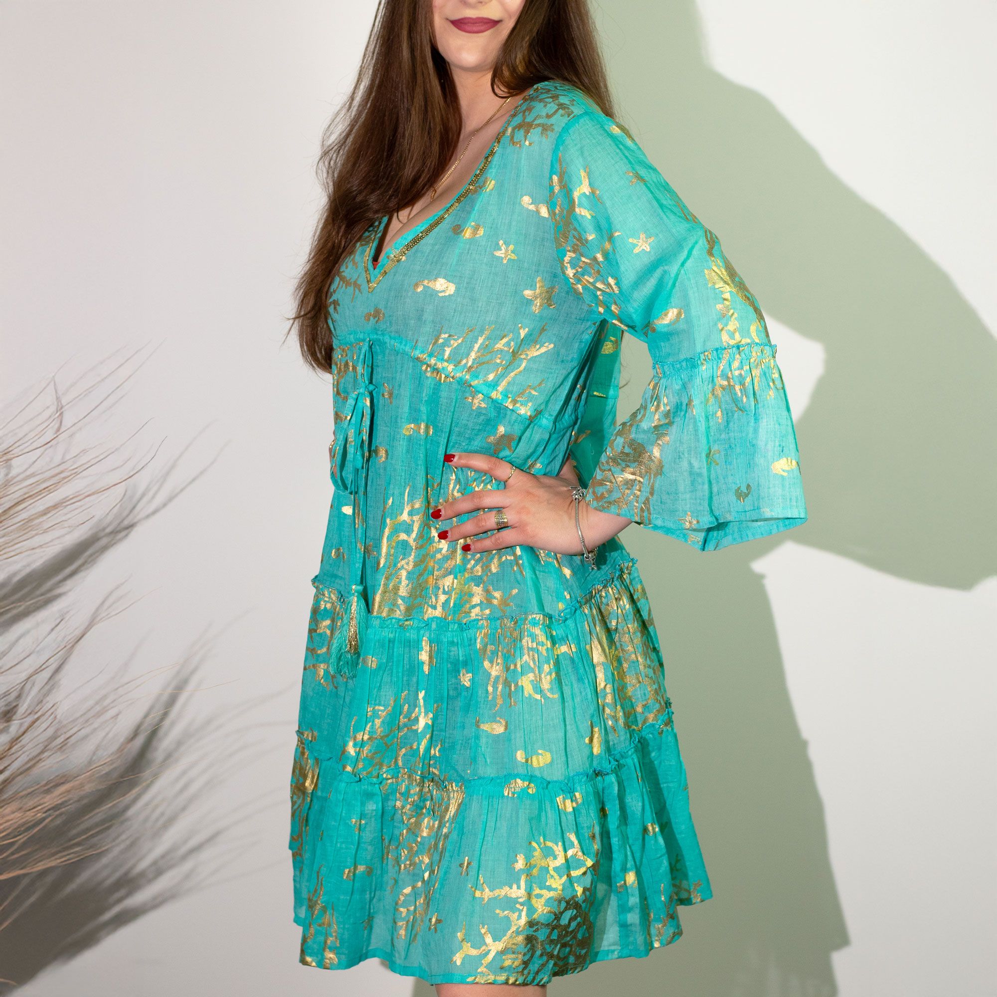 Nomad Sari Turquoise & Gold Coral Print Dress (M/L) - Image 4