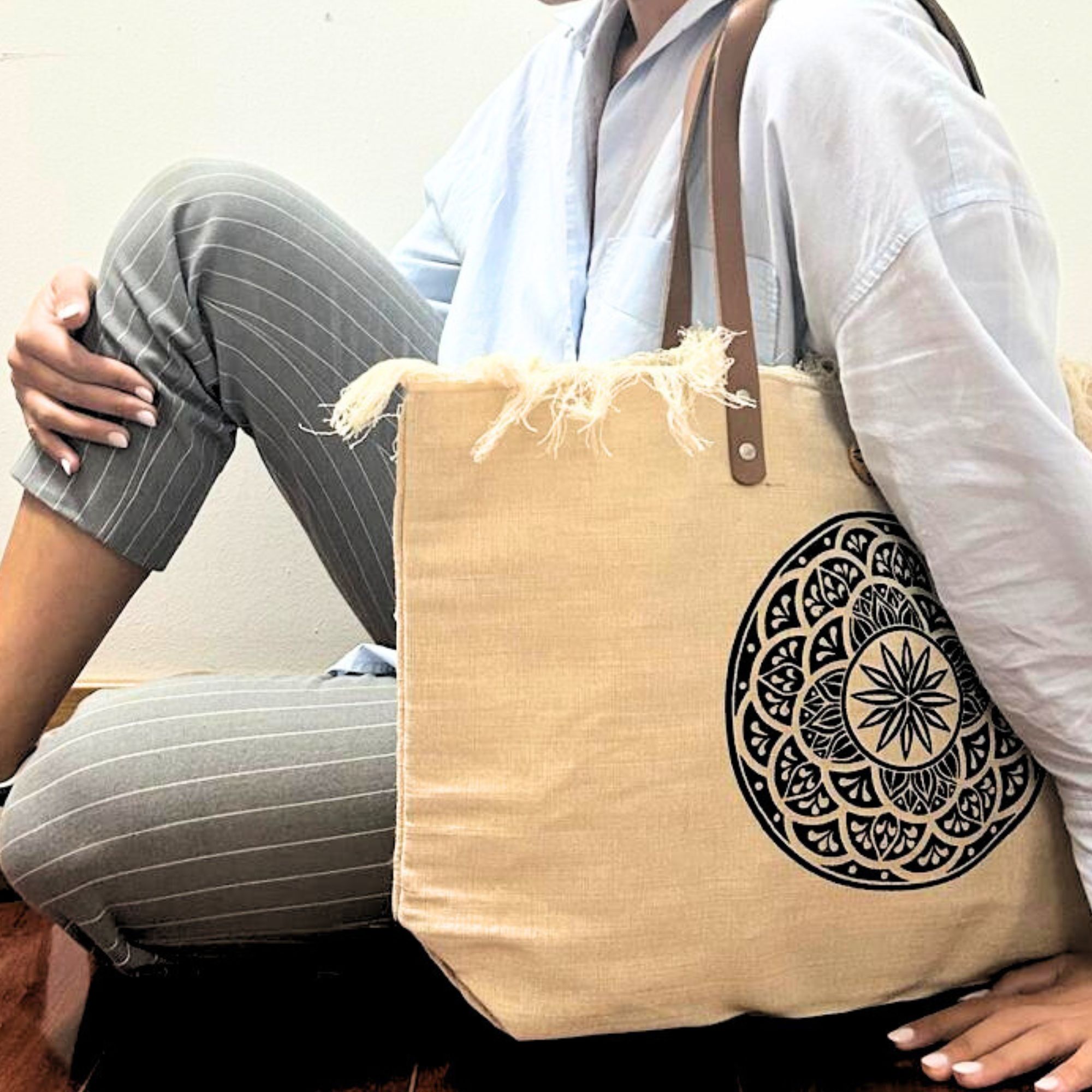 Natural Tote Bag Leather Handle - Mandela - Image 3