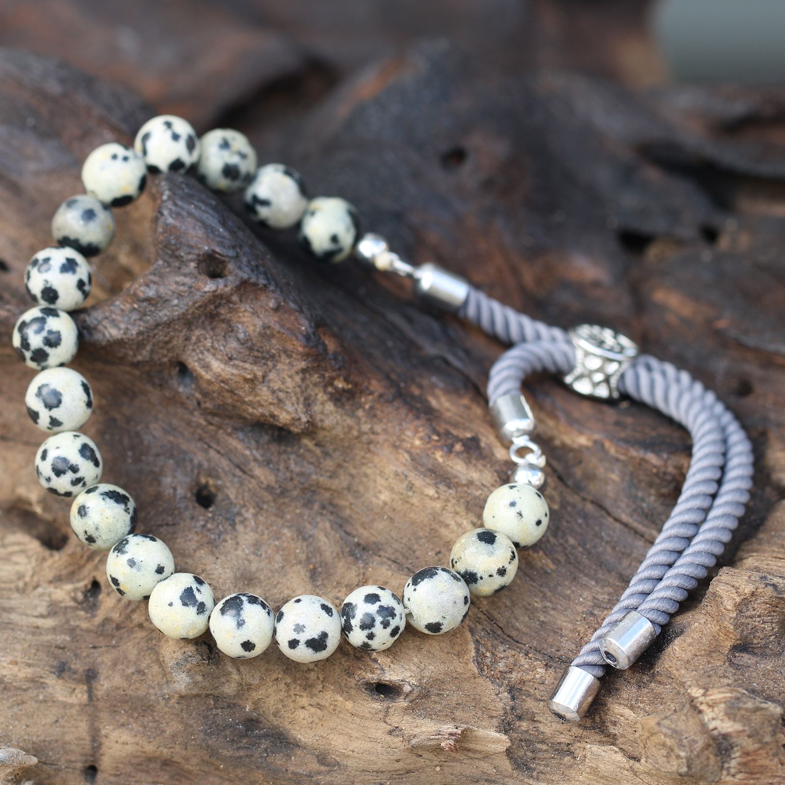 925 Silver Plated Gemstone Charcoal String Bracelet - Dalmatian Jasper - Image 5