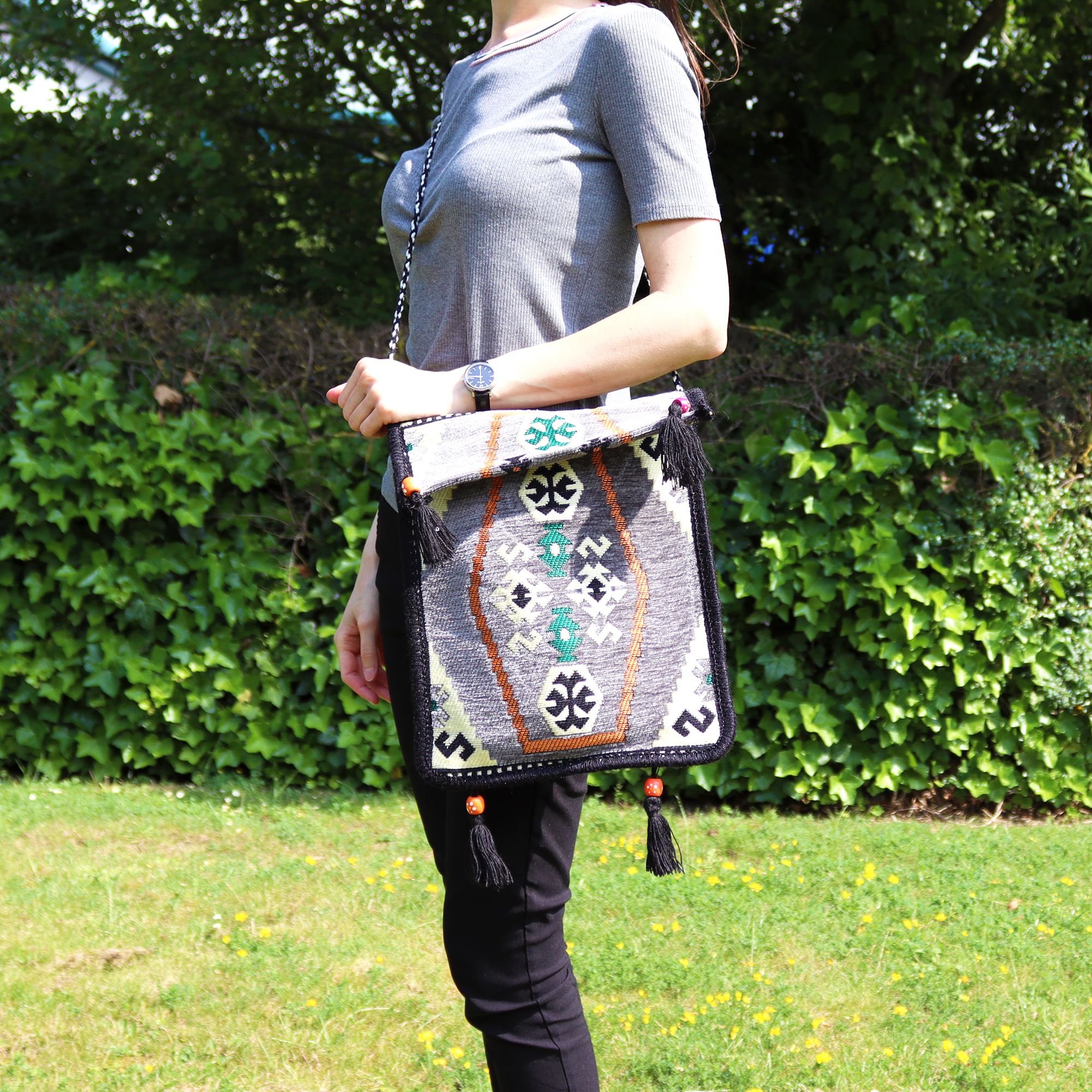 Pale Grey Kilim Messenger Festival Bag - Image 4