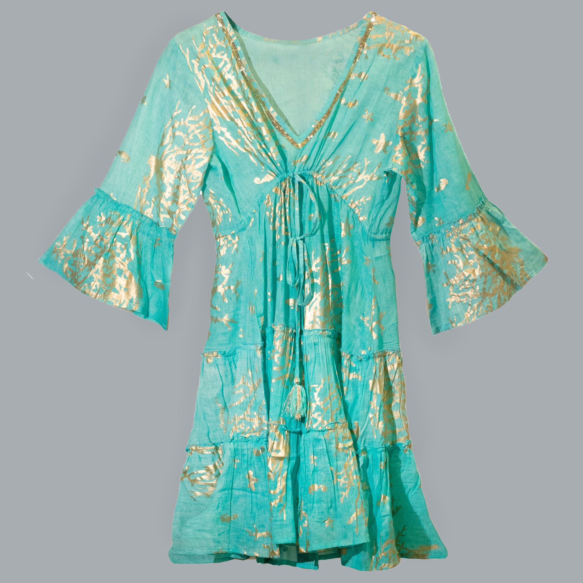 Nomad Sari Turquoise & Gold Coral Print Dress (M/L) - Image 6