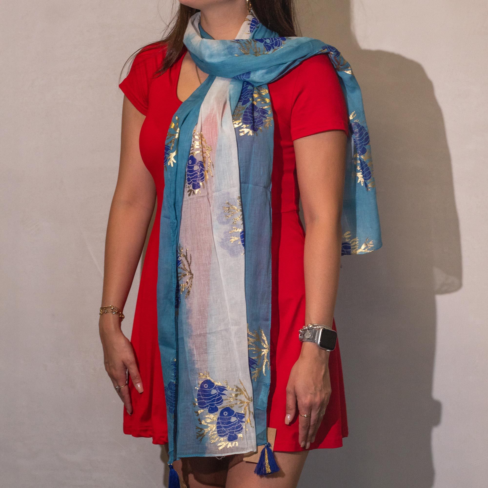 Nomad Sari Aqua Fish Scarf – Sea Blue (180x50cm) - Image 2