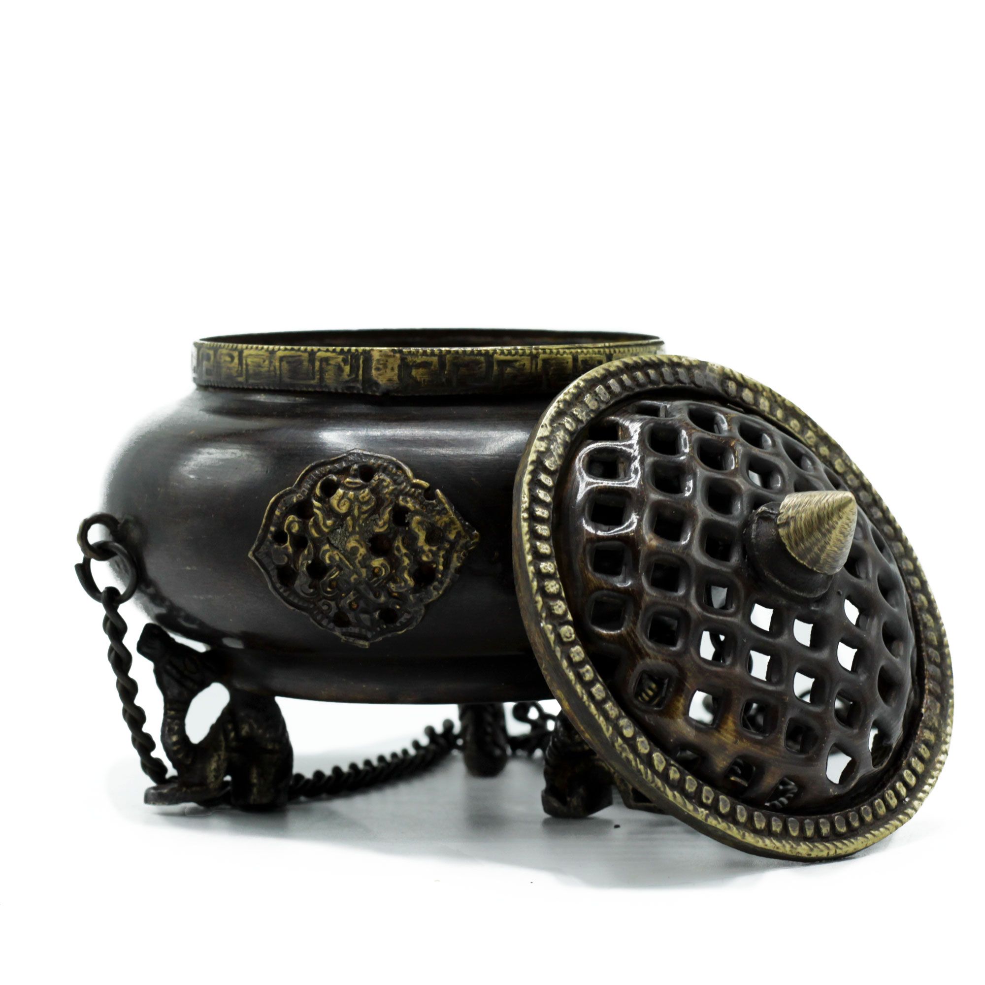 Lrg Brass Tibetan Burner - Four Symbol Hanging Pot - Image 2