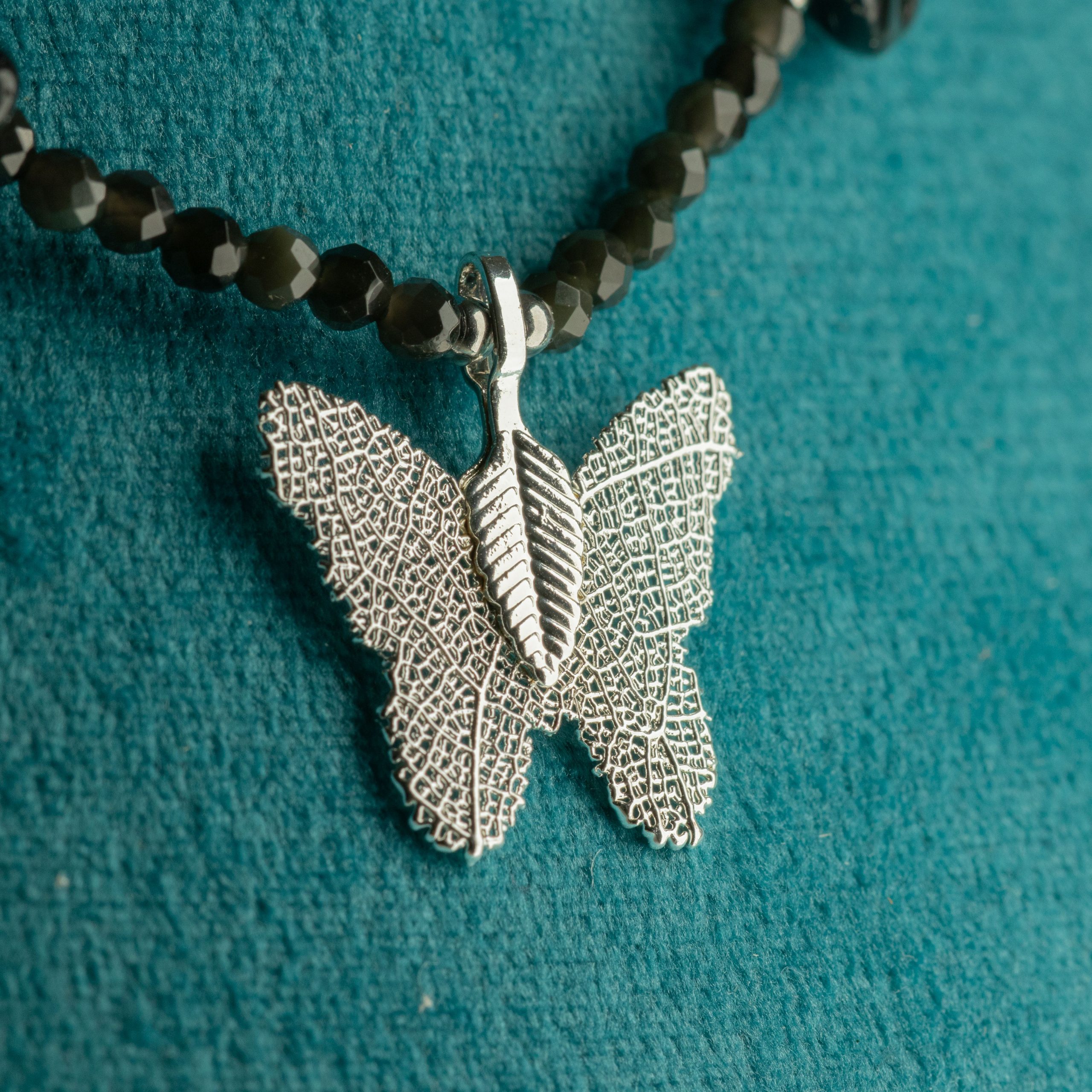Nymph Black Obsidian Gemstone Necklace with Real Leaf Butterfly Pendant - Image 5