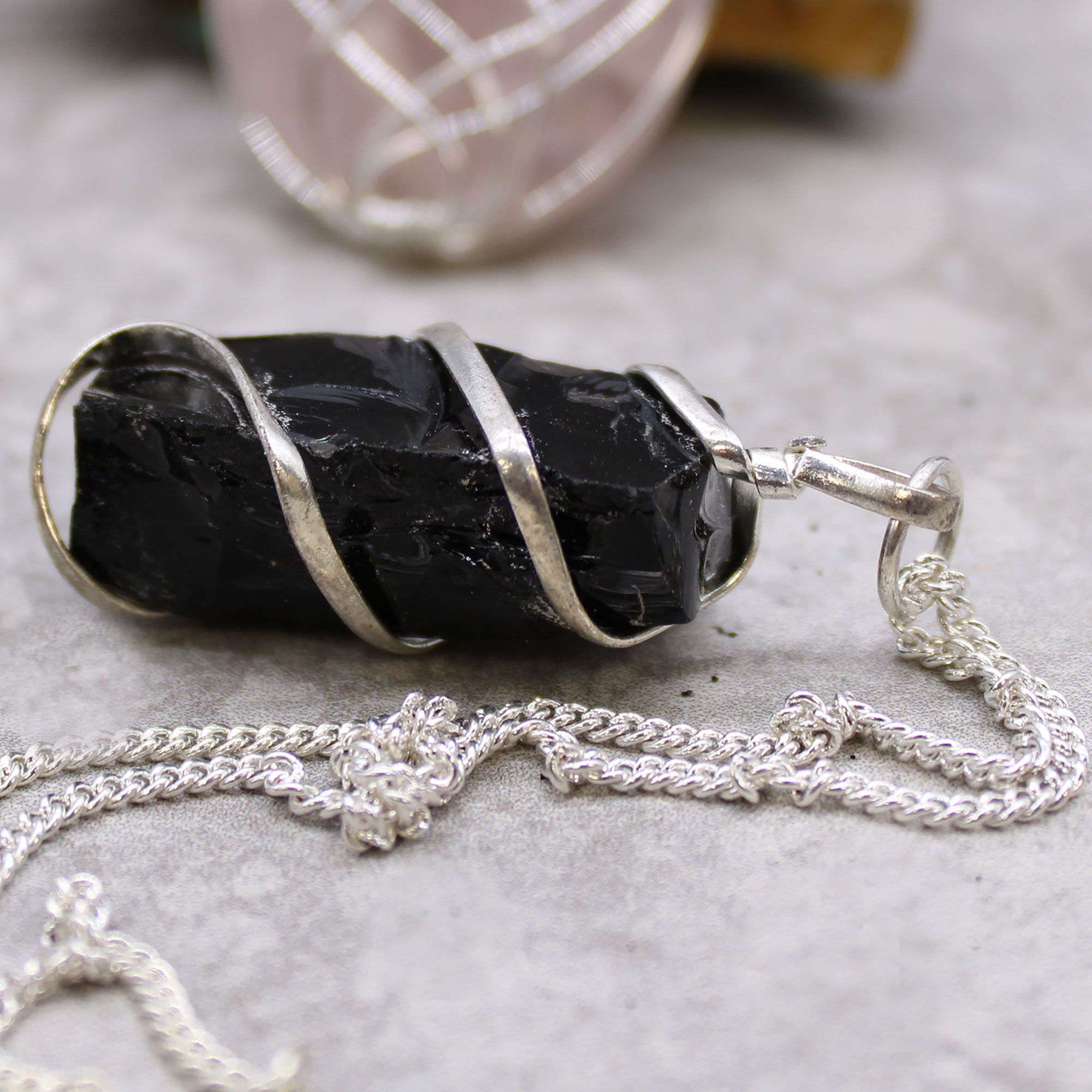 Cascade Wrapped Gemstone Necklace - Rough Black Onyx - Image 3