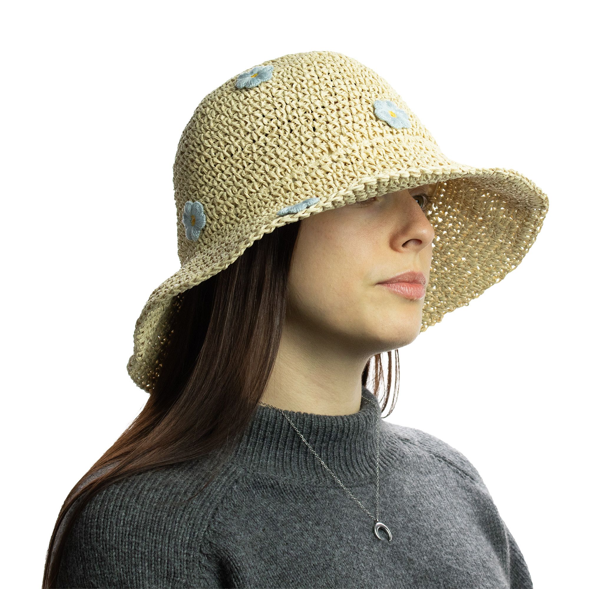 Nomad Sari Floppy Straw Sun Hat - Beige & Blue Flowers - Image 4